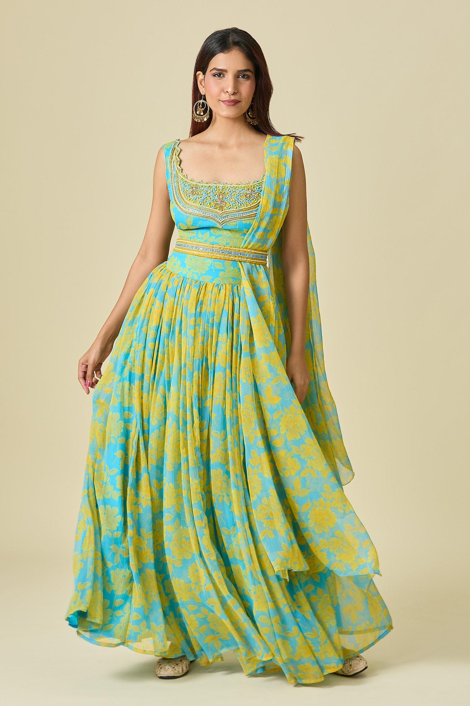 Yellow Chiffon Cut Work, Beads, Pearls Scoop Neck Floral Print Lehenga Set - Designer Kurta Set