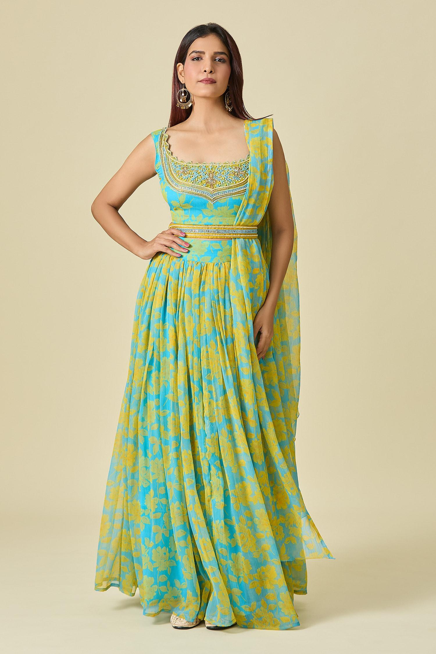 Yellow Chiffon Cut Work, Beads, Pearls Scoop Neck Floral Print Lehenga Set - Designer Kurta Set