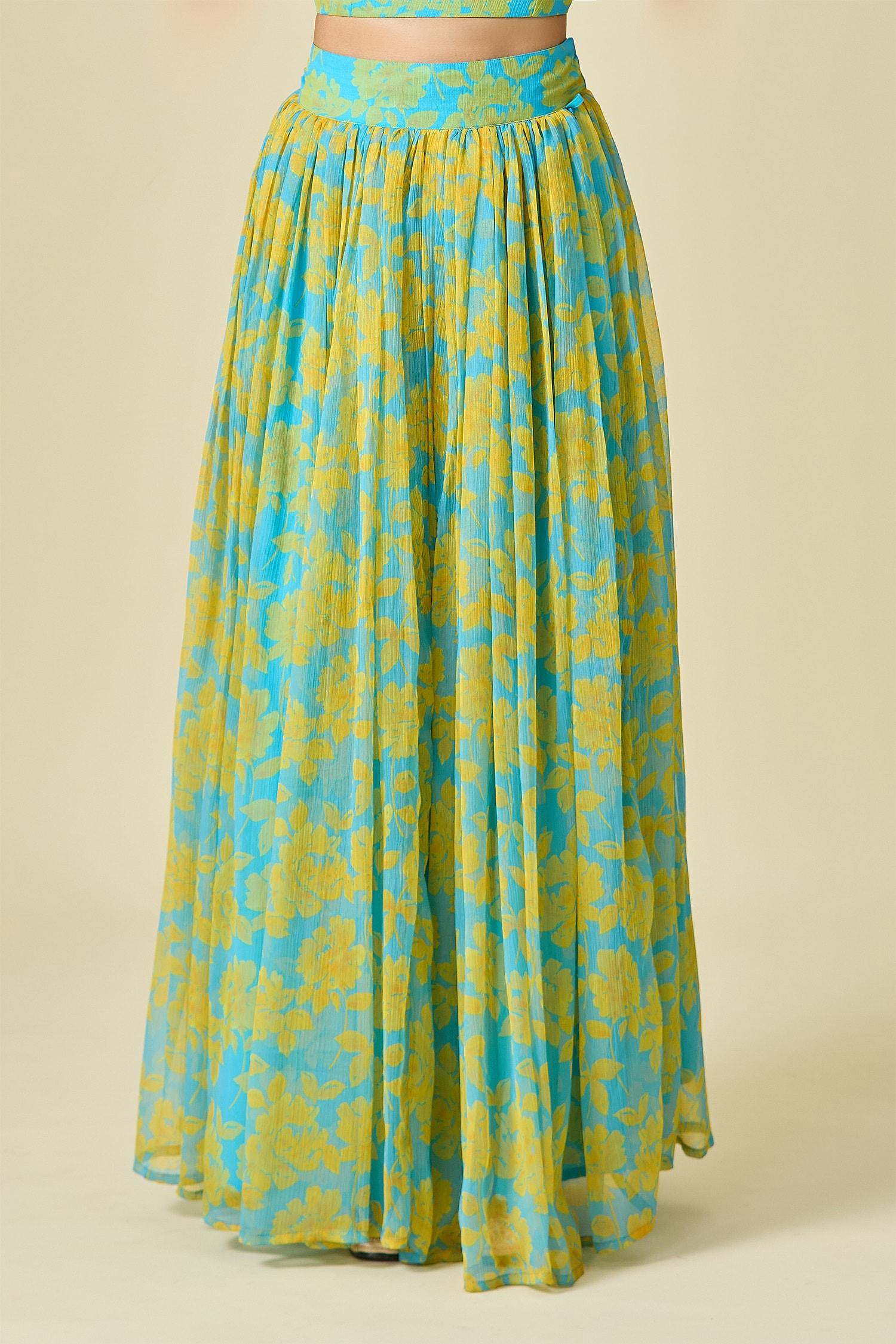 Yellow Chiffon Cut Work, Beads, Pearls Scoop Neck Floral Print Lehenga Set - Designer Kurta Set