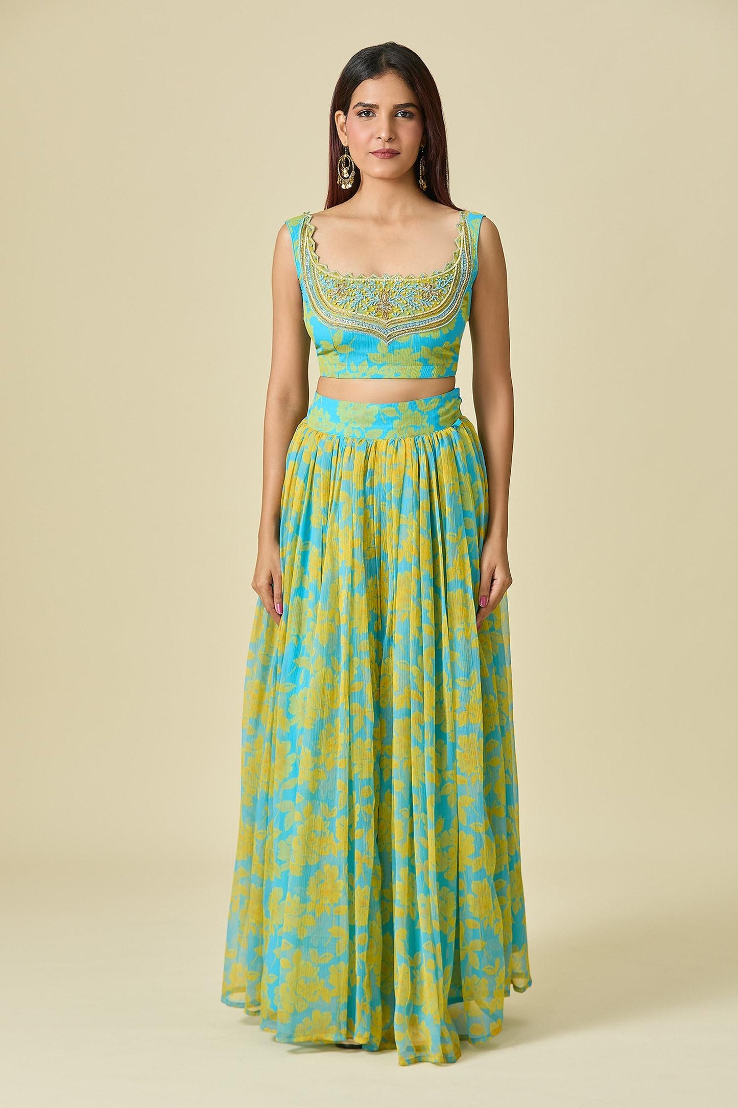 Yellow Chiffon Cut Work, Beads, Pearls Scoop Neck Floral Print Lehenga Set - Designer Kurta Set