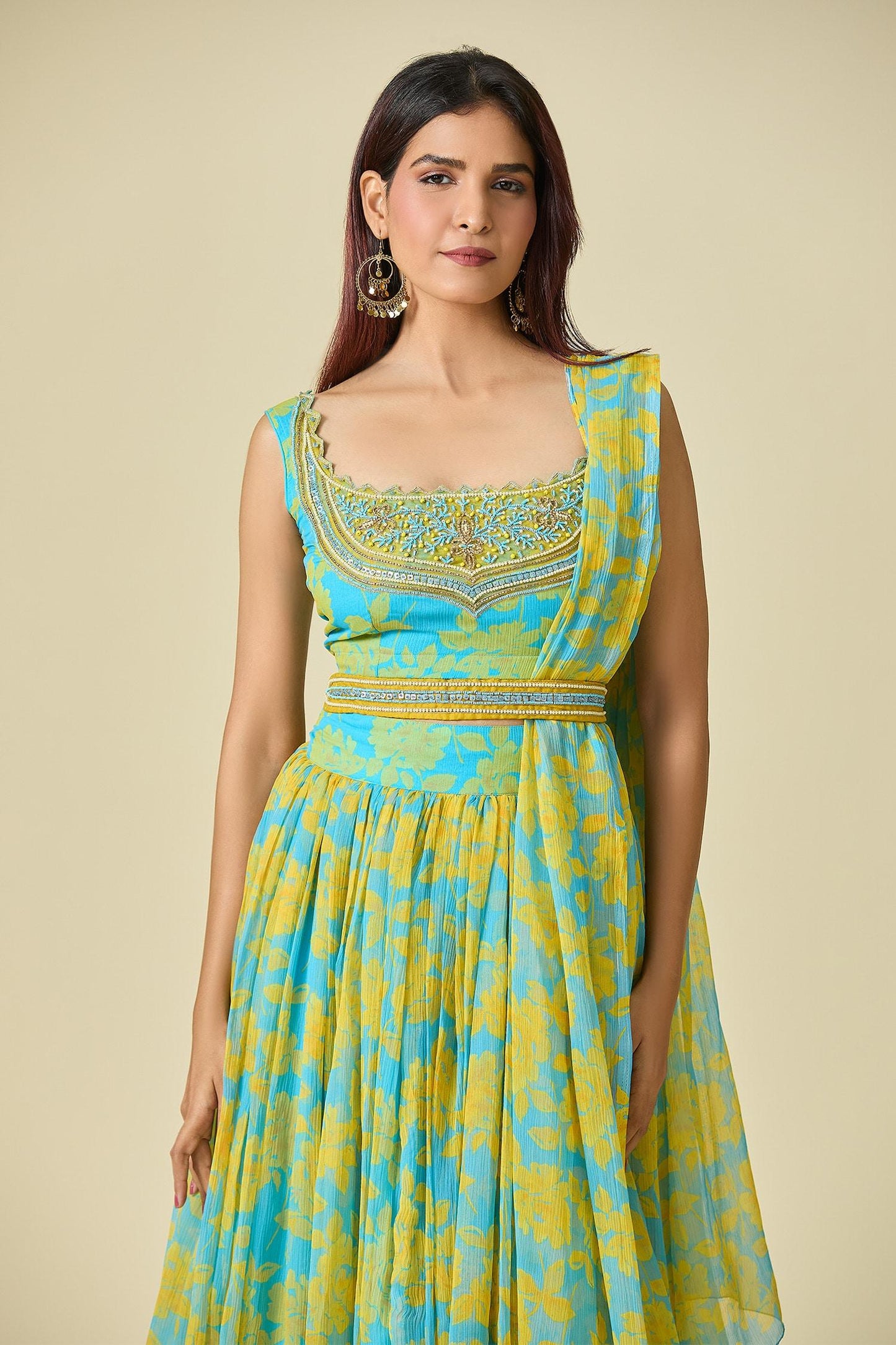 Yellow Chiffon Cut Work, Beads, Pearls Scoop Neck Floral Print Lehenga Set - Designer Kurta Set