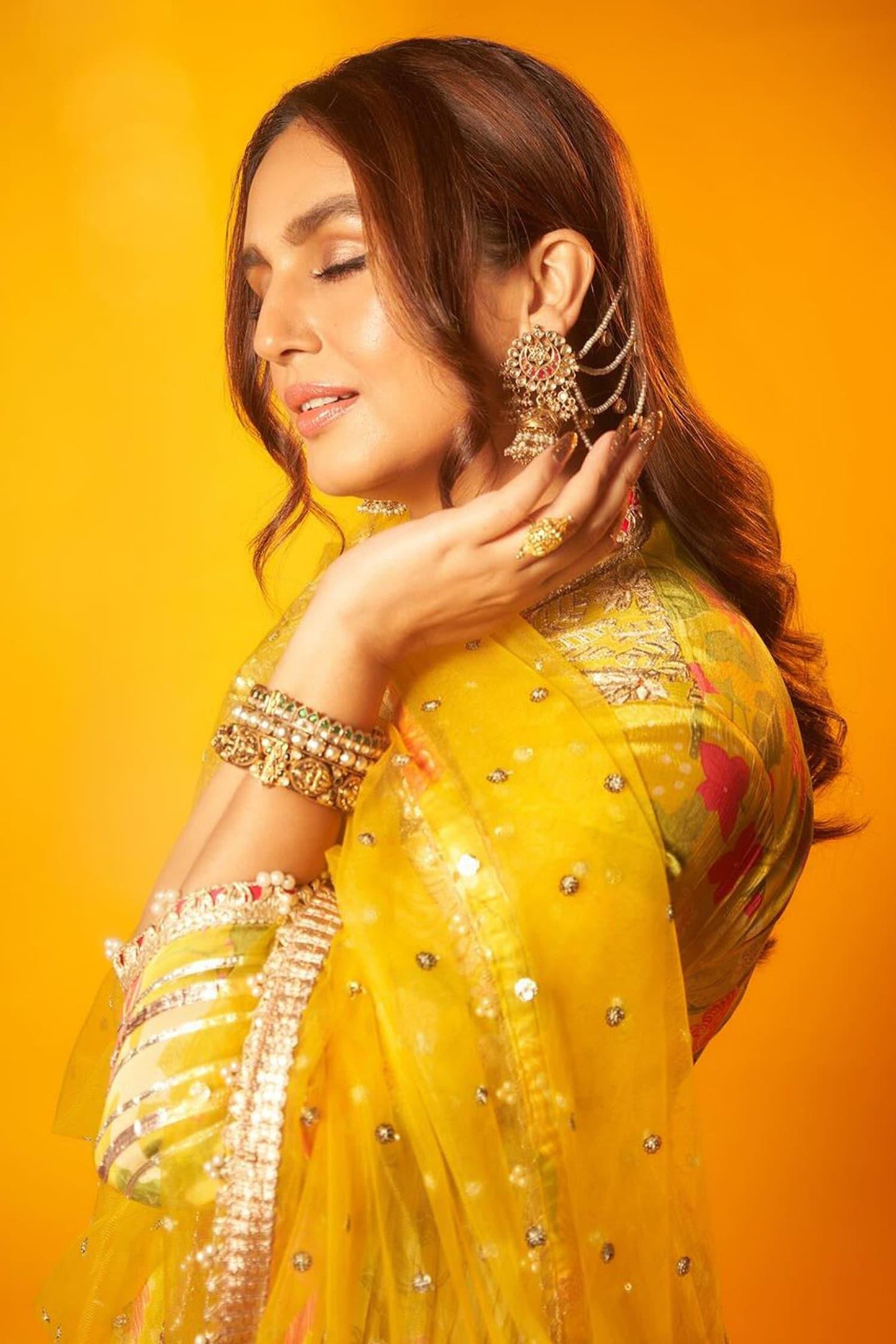 Yellow Chiffon, Net, Linen, Satin Embroidery, Huma Bodice Anarkali Palazzo Set - Designer Kurta Set