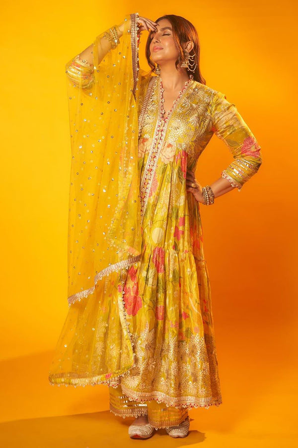 Yellow Chiffon, Net, Linen, Satin Embroidery, Huma Bodice Anarkali Palazzo Set - Designer Kurta Set