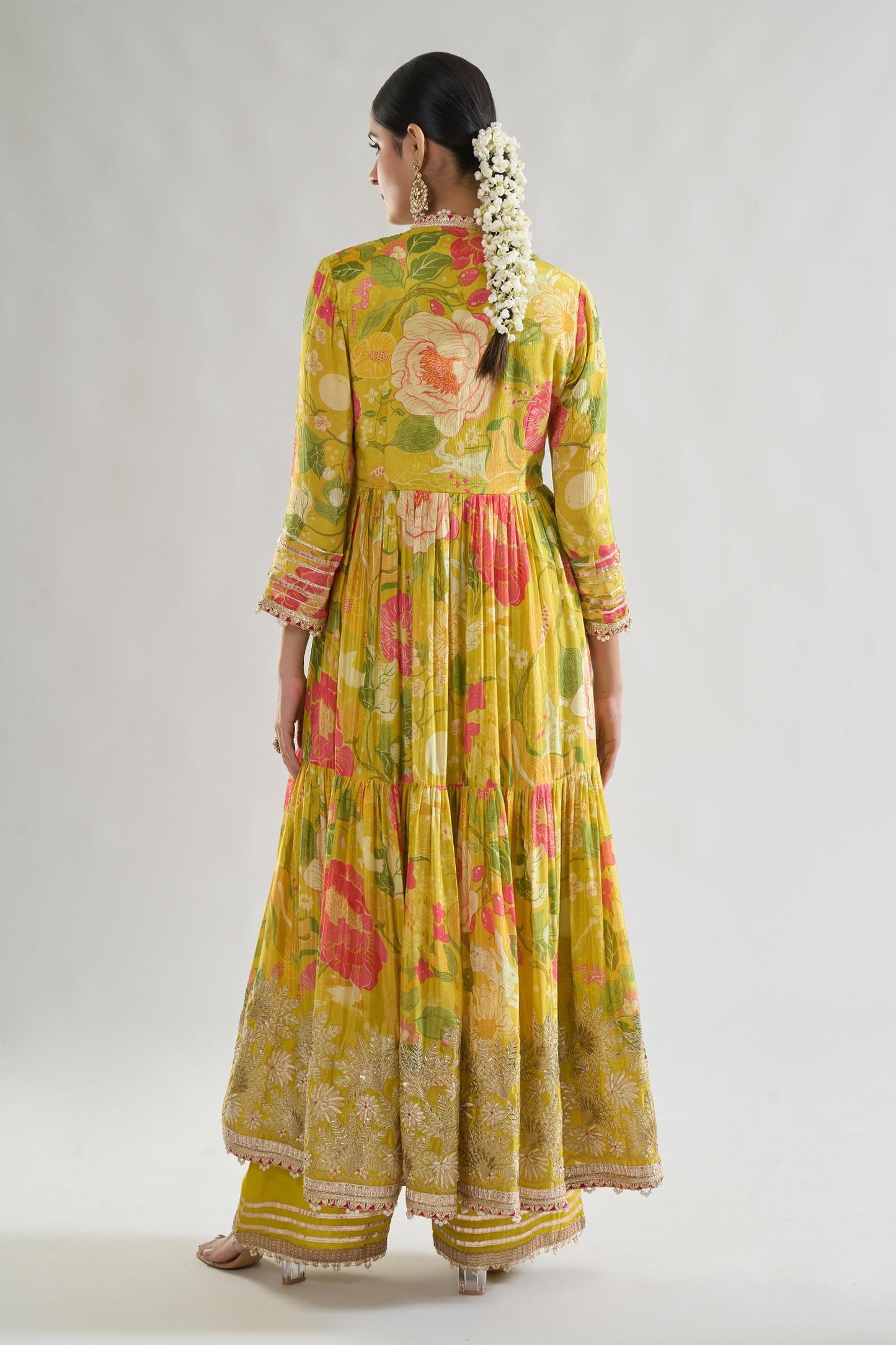 Yellow Chiffon, Net, Linen, Satin Embroidery, Huma Bodice Anarkali Palazzo Set - Designer Kurta Set