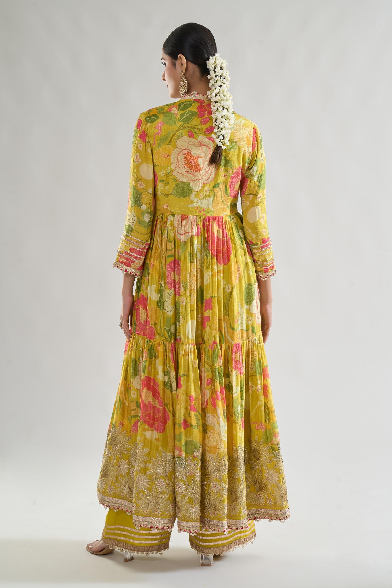Yellow Chiffon, Net, Linen, Satin Embroidery, Huma Bodice Anarkali Palazzo Set - Designer Kurta Set