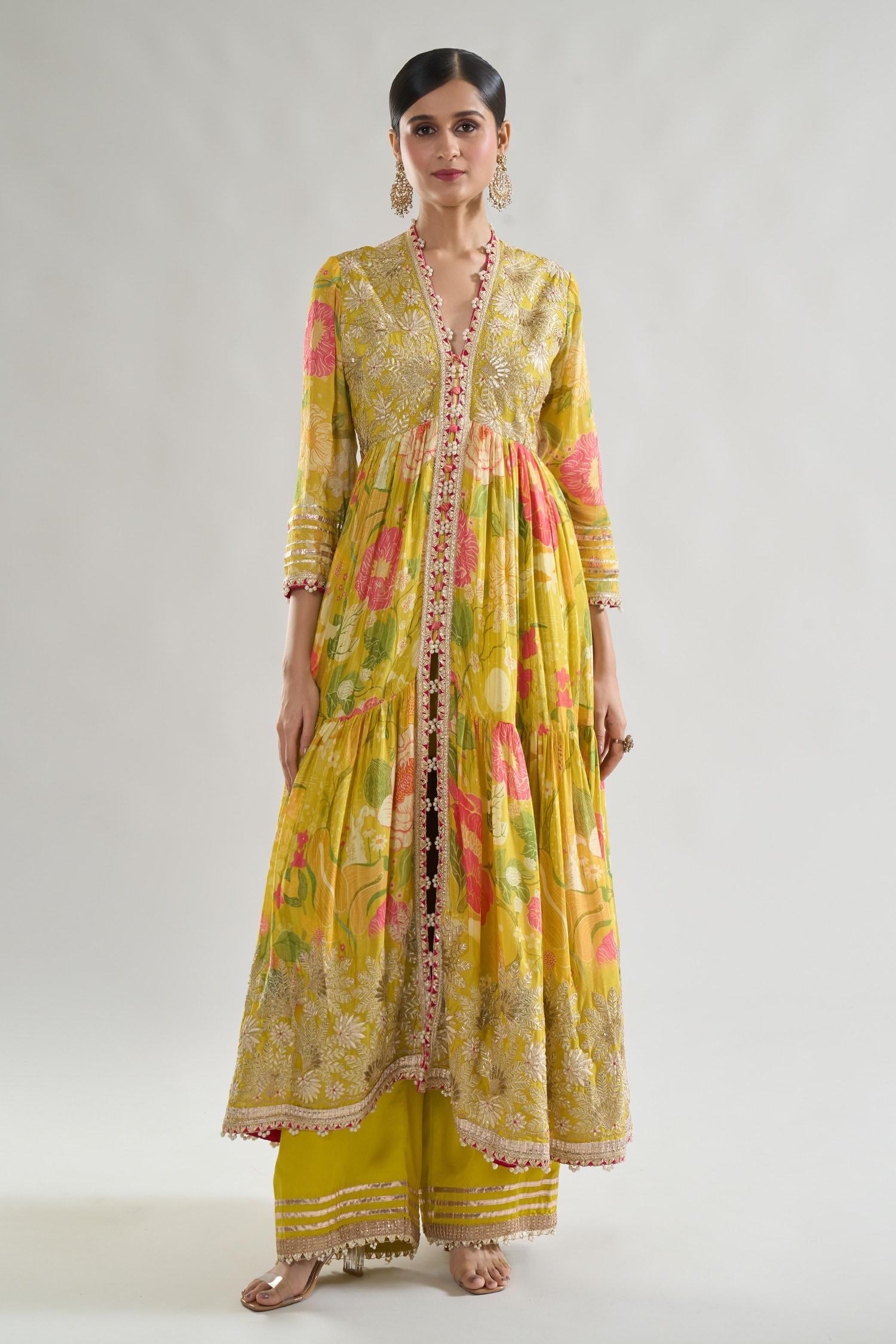Yellow Chiffon, Net, Linen, Satin Embroidery, Huma Bodice Anarkali Palazzo Set - Designer Kurta Set