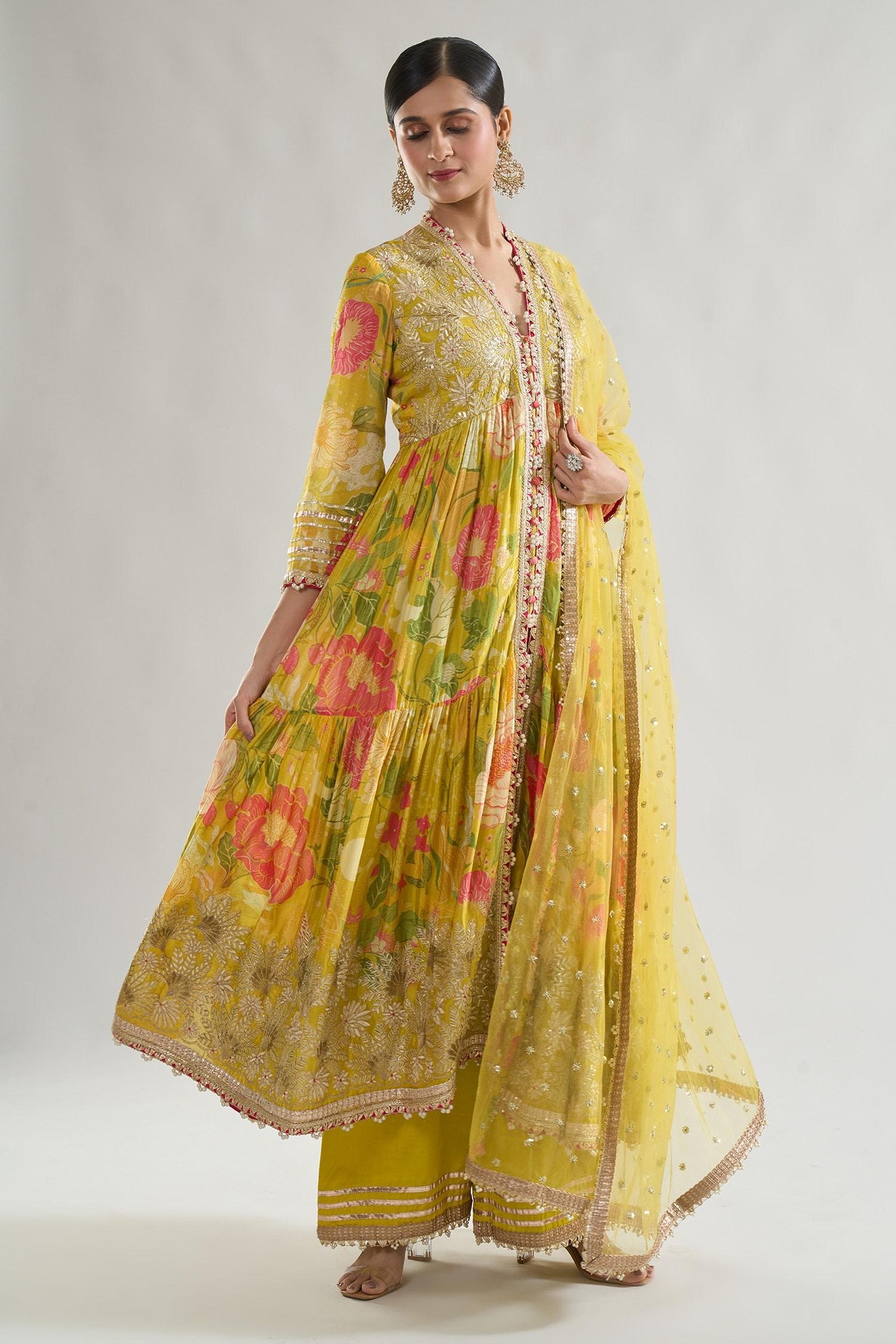 Yellow Chiffon, Net, Linen, Satin Embroidery, Huma Bodice Anarkali Palazzo Set - Designer Kurta Set