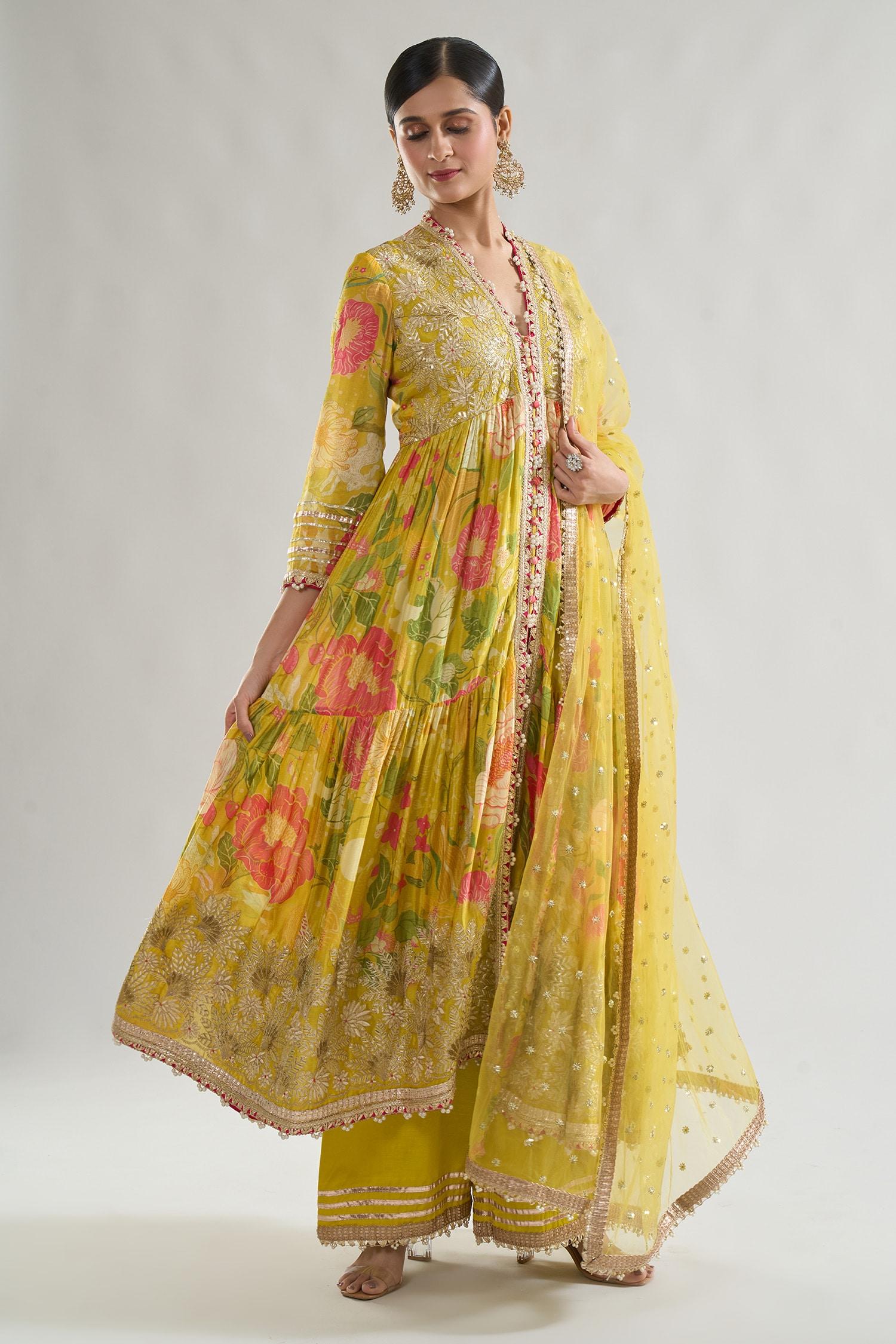 Yellow Chiffon, Net, Linen, Satin Embroidery, Huma Bodice Anarkali Palazzo Set - Designer Kurta Set