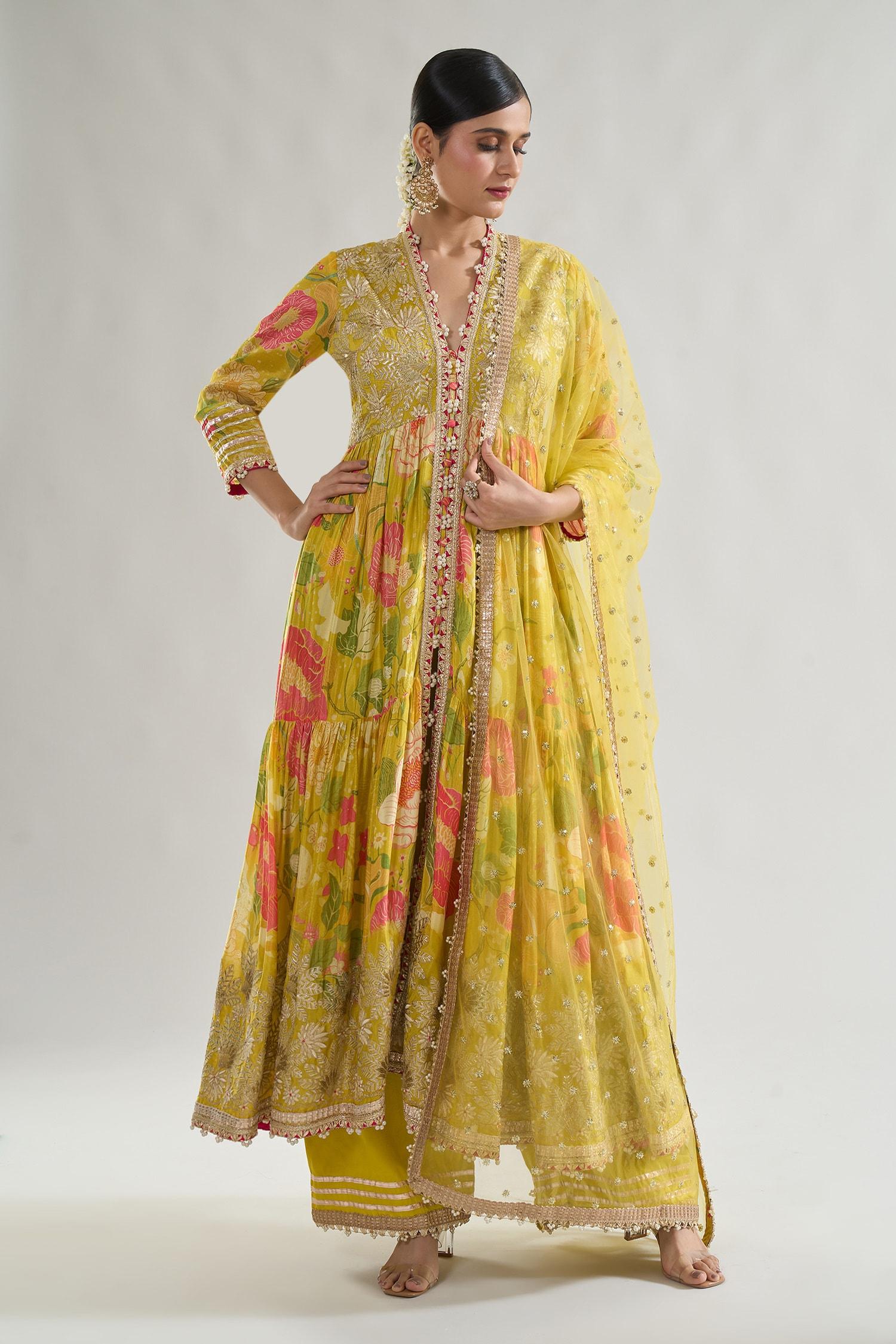 Yellow Chiffon, Net, Linen, Satin Embroidery, Huma Bodice Anarkali Palazzo Set - Designer Kurta Set