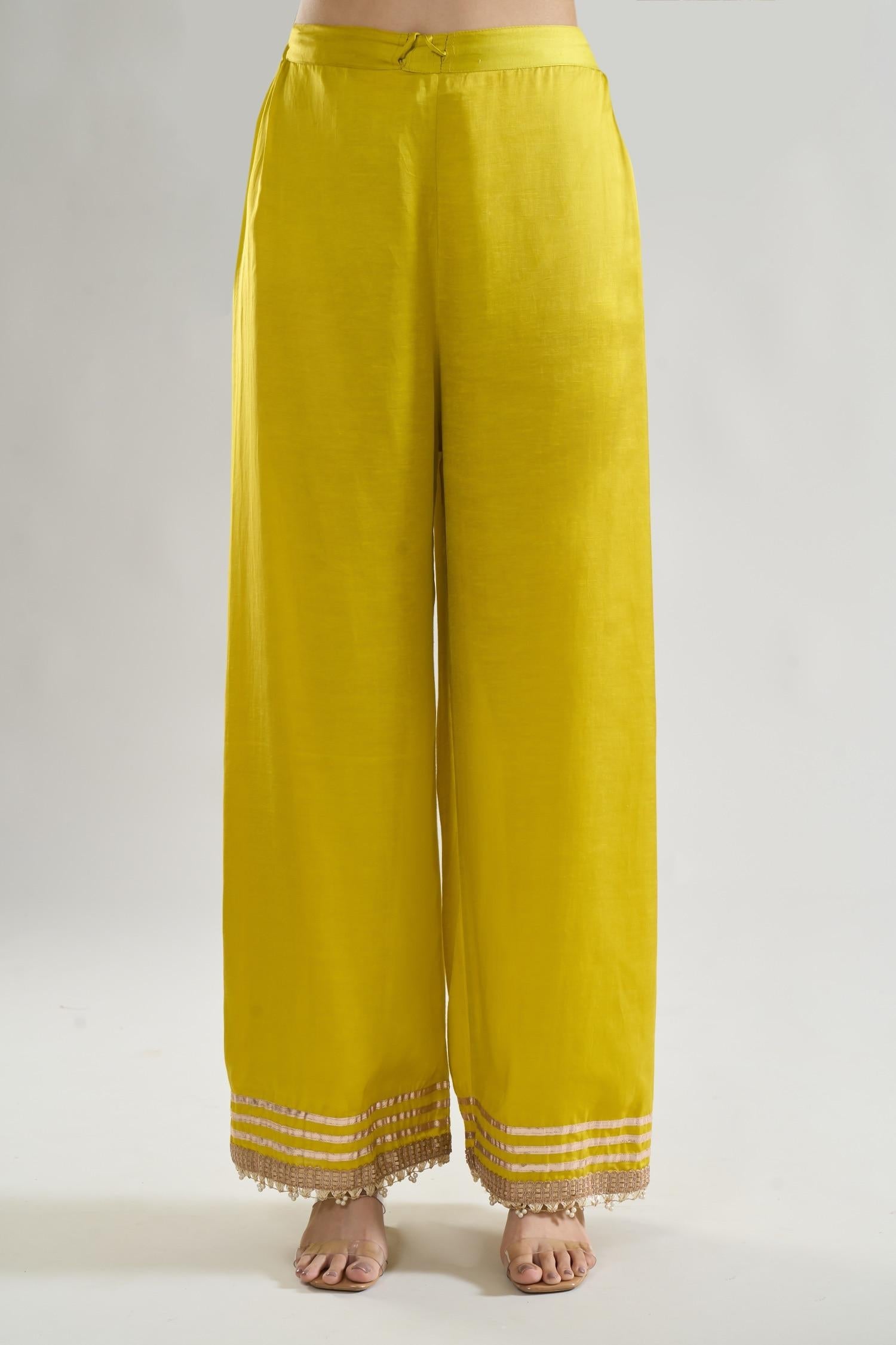 Yellow Chiffon, Net, Linen, Satin Embroidery, Huma Bodice Anarkali Palazzo Set - Designer Kurta Set