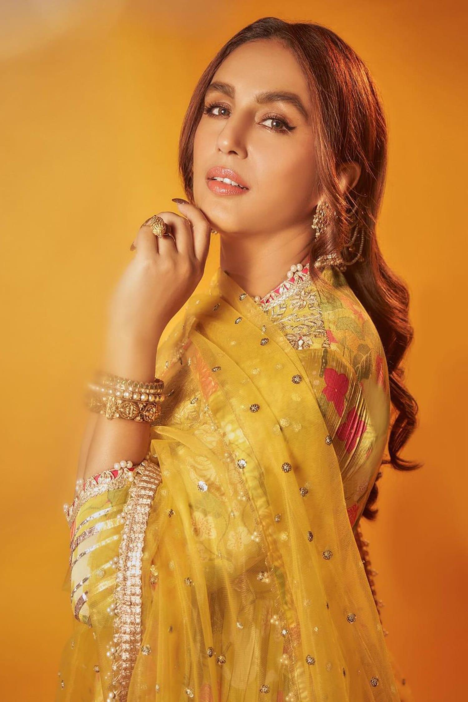 Yellow Chiffon, Net, Linen, Satin Embroidery, Huma Bodice Anarkali Palazzo Set - Designer Kurta Set