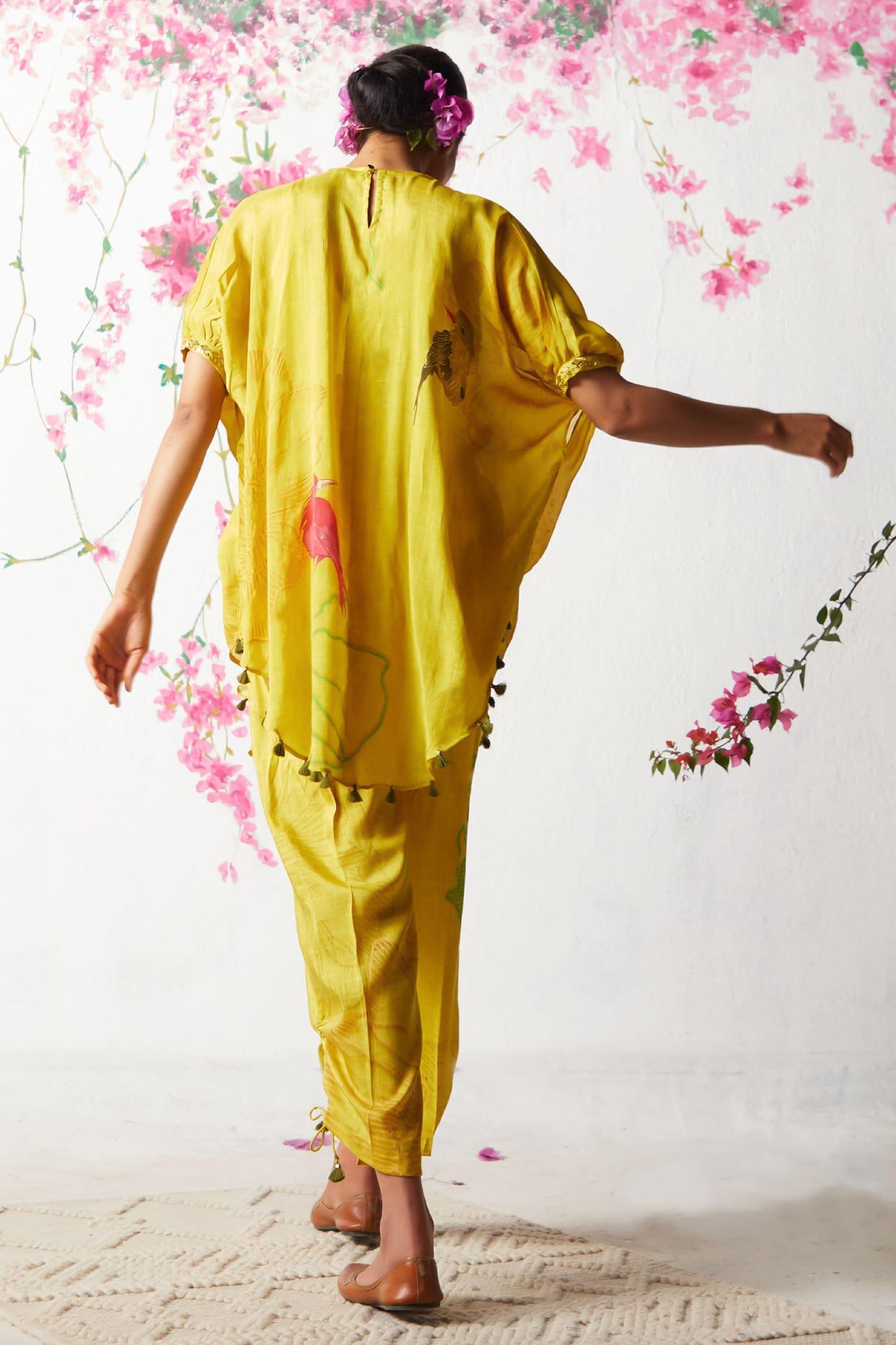 Yellow Chiffon Sequins V-neck Floral Print Kaftan And Pant Set - Designer Kurta Set
