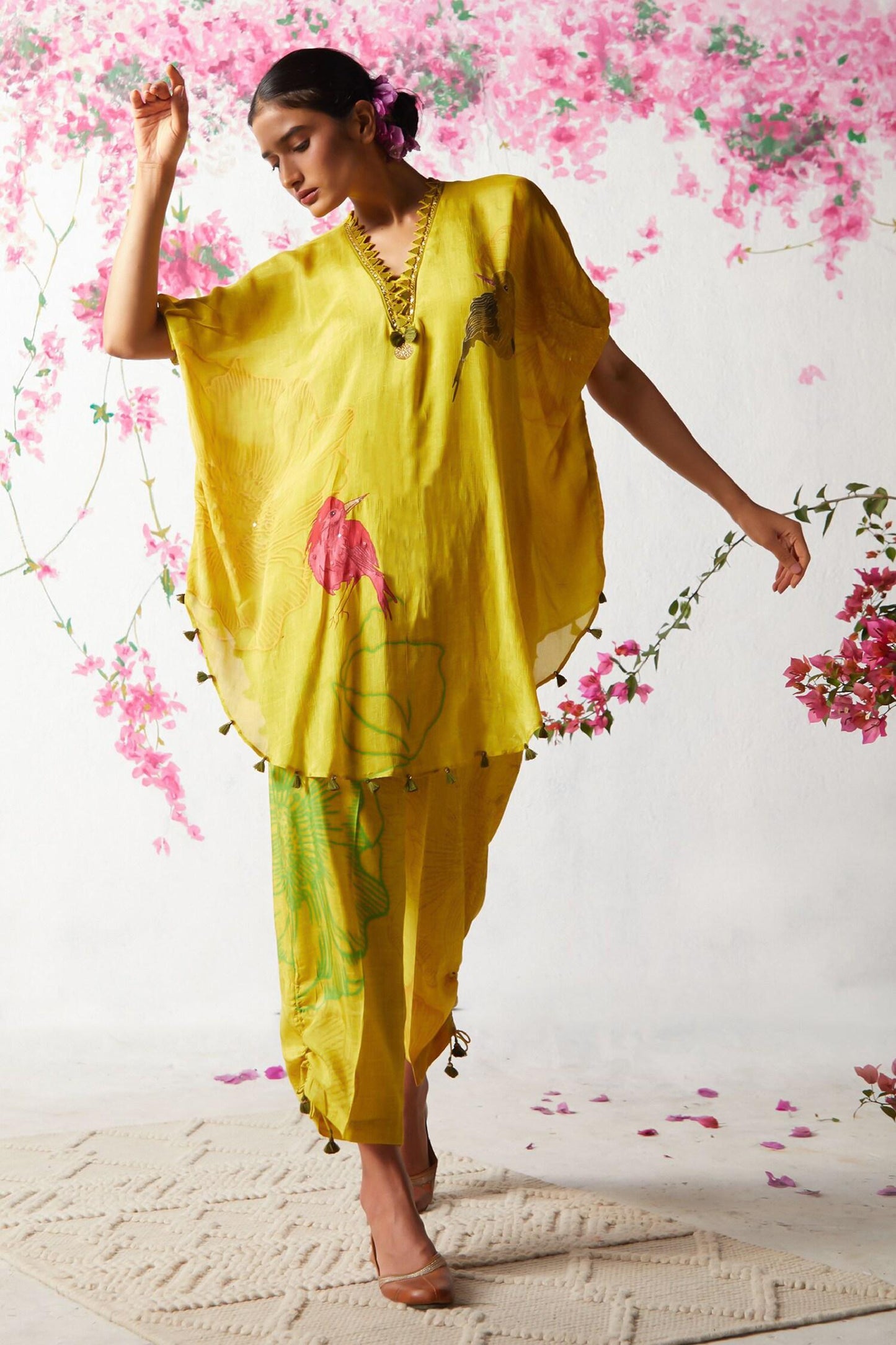 Yellow Chiffon Sequins V-neck Floral Print Kaftan And Pant Set - Designer Kurta Set