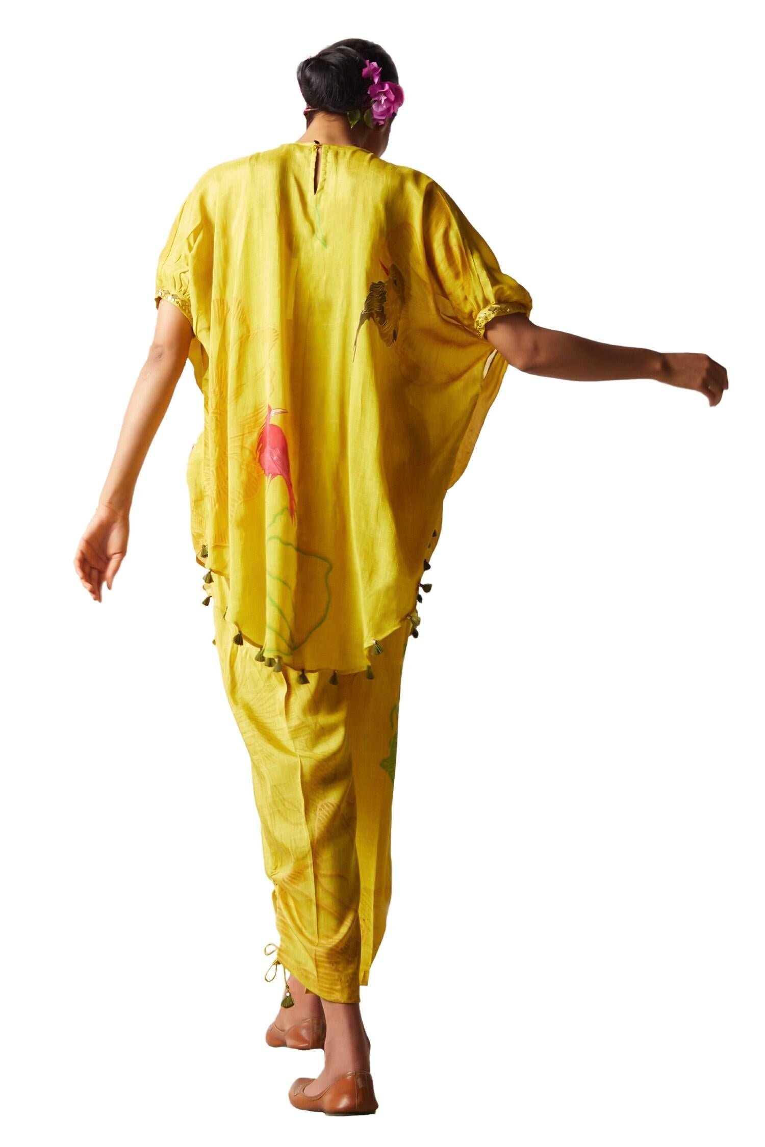 Yellow Chiffon Sequins V-neck Floral Print Kaftan And Pant Set - Designer Kurta Set