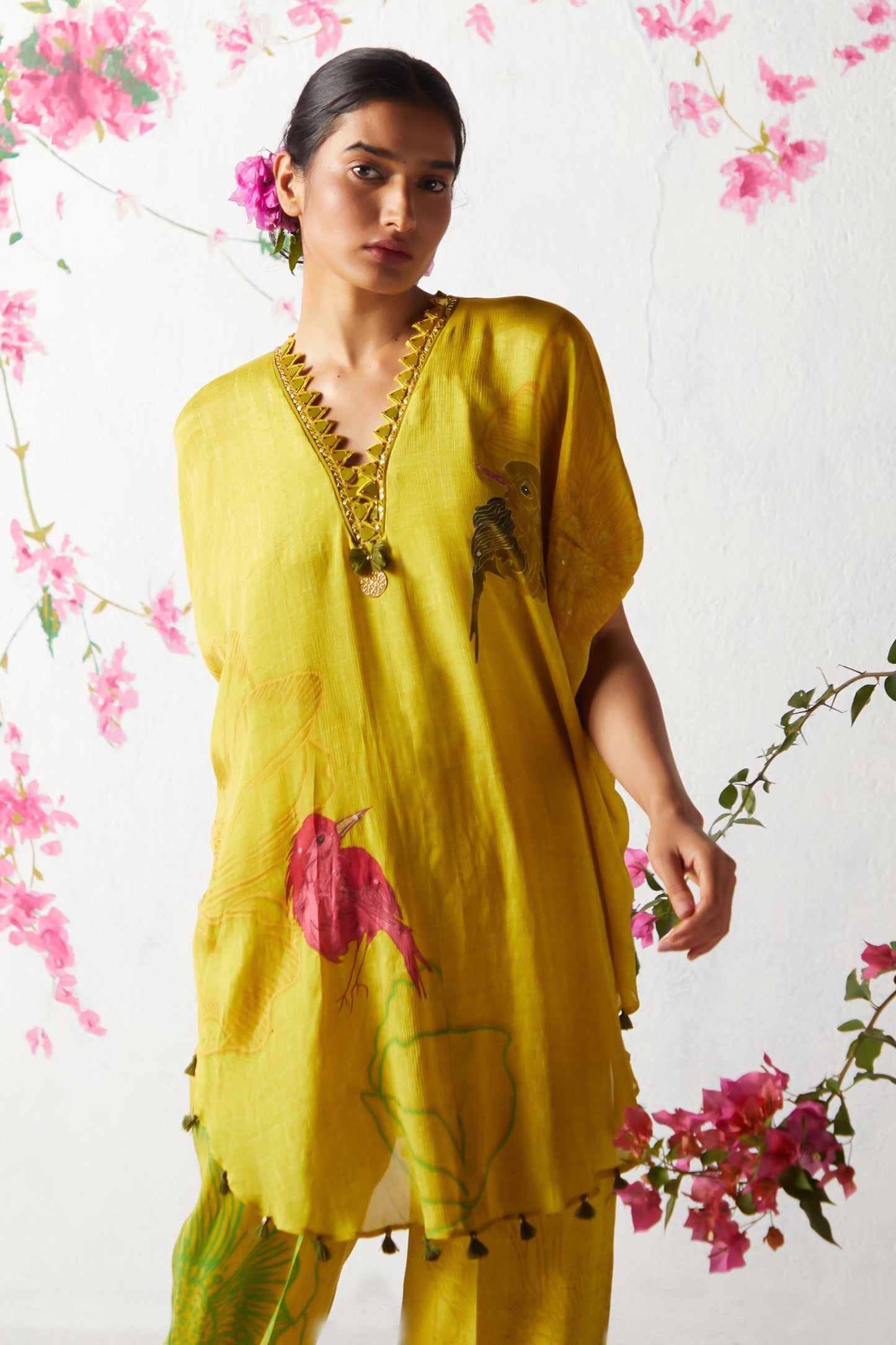 Yellow Chiffon Sequins V-neck Floral Print Kaftan And Pant Set - Designer Kurta Set