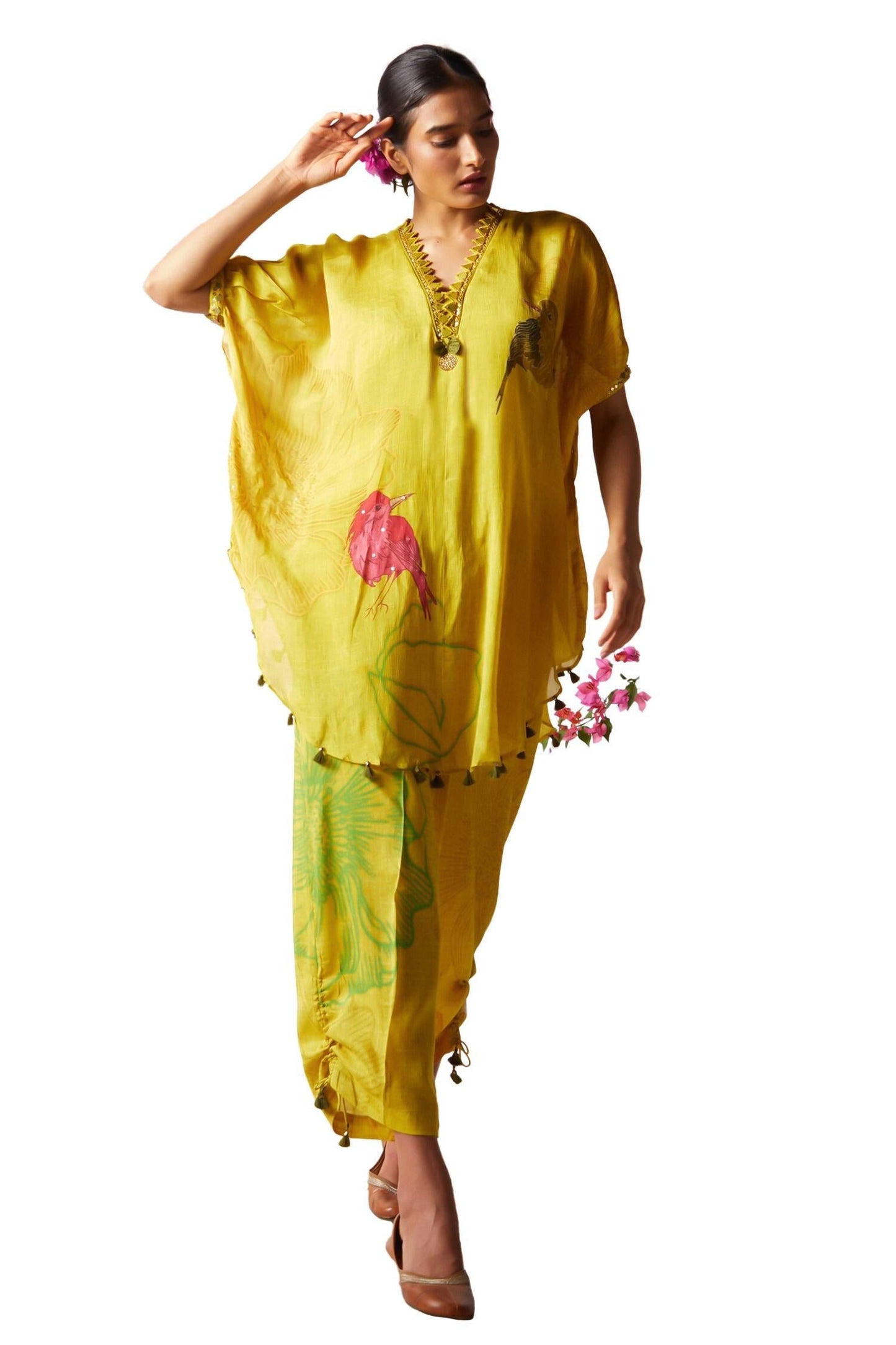 Yellow Chiffon Sequins V-neck Floral Print Kaftan And Pant Set - Designer Kurta Set