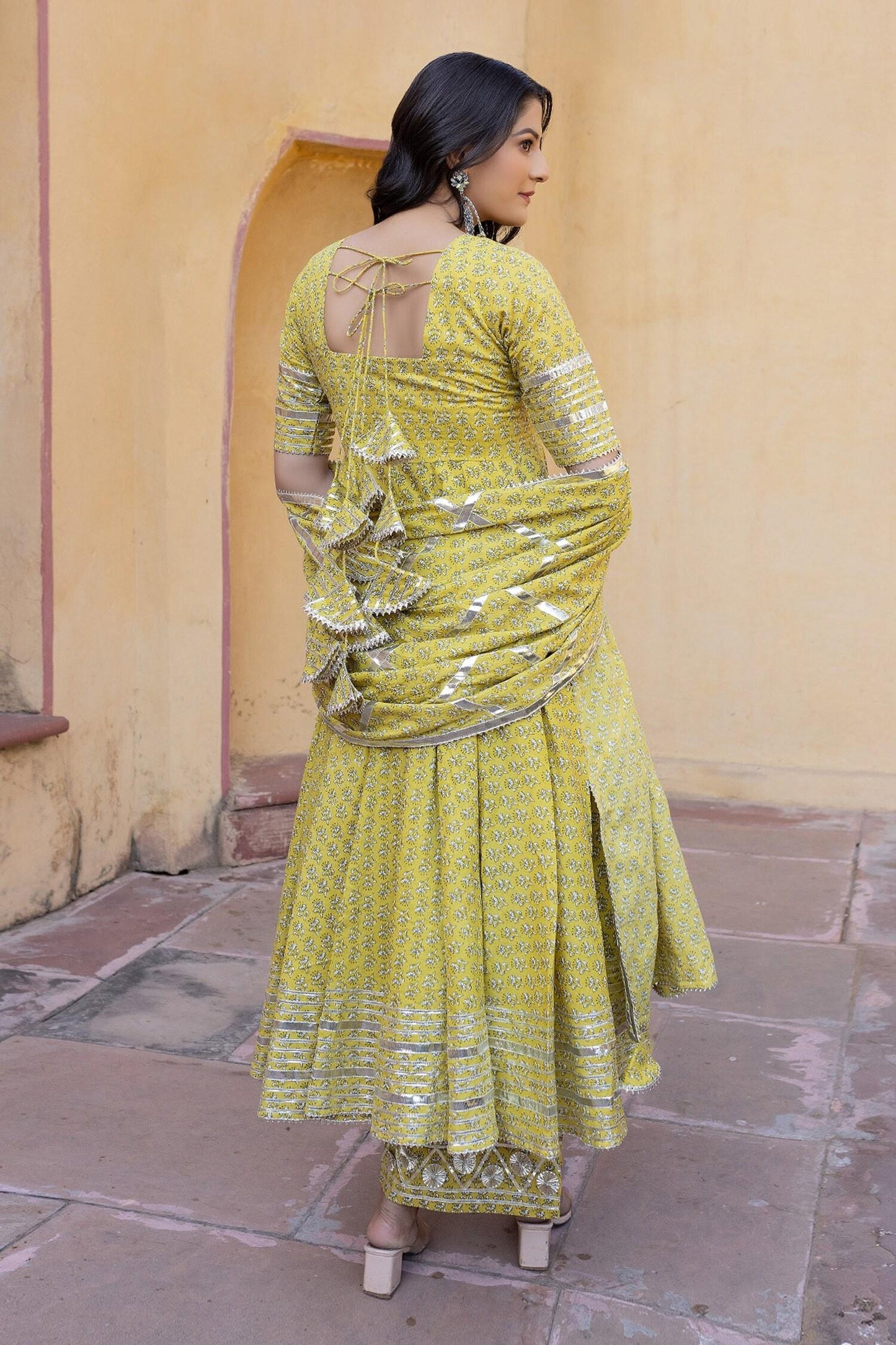 Yellow Cotton Gota Patti, Embroidery V-neck Floral Print Anarkali Set - Designer Kurta Set