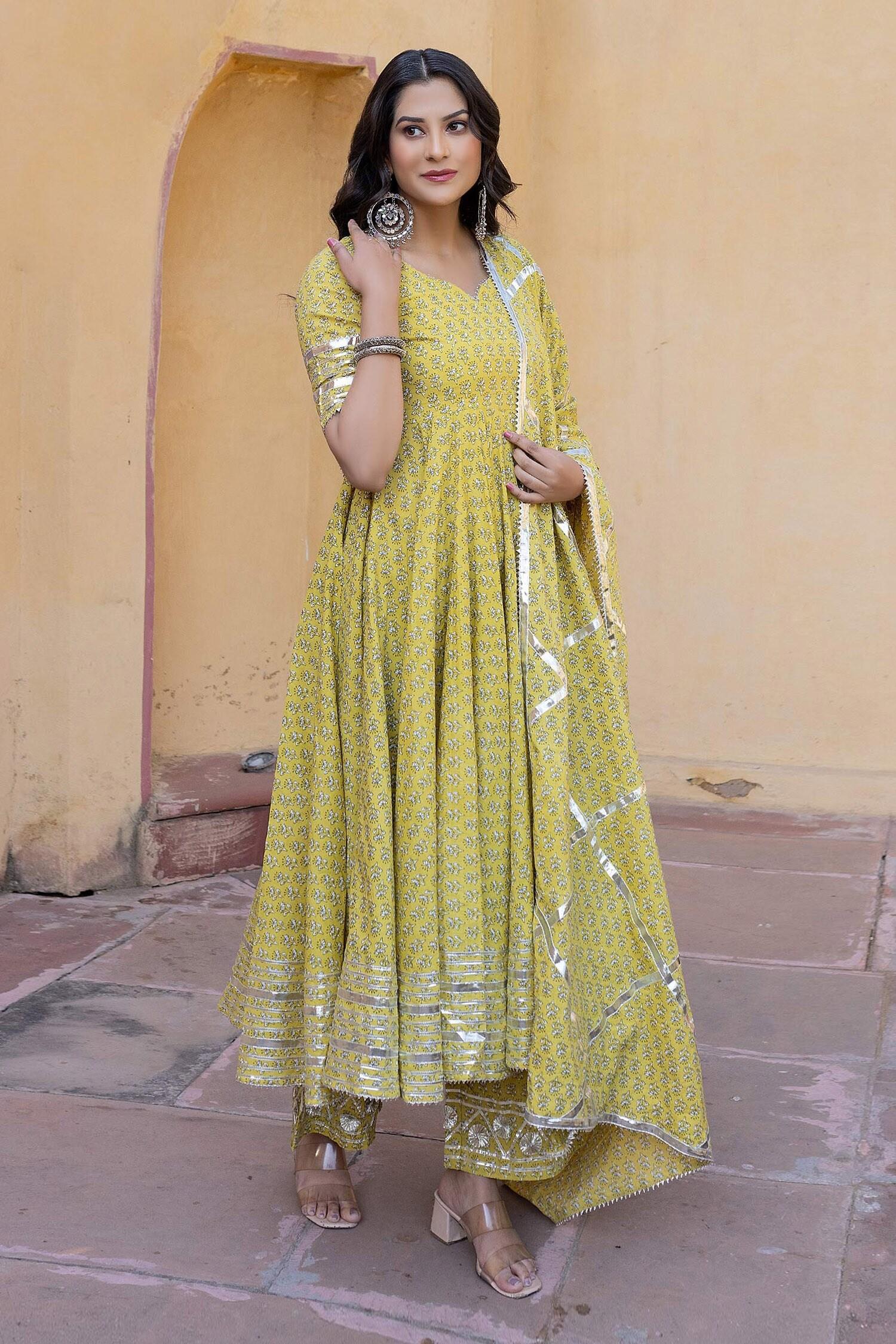 Yellow Cotton Gota Patti, Embroidery V-neck Floral Print Anarkali Set - Designer Kurta Set