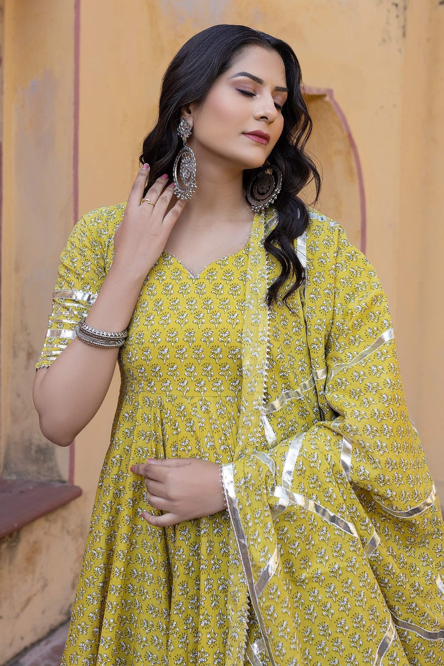 Yellow Cotton Gota Patti, Embroidery V-neck Floral Print Anarkali Set - Designer Kurta Set