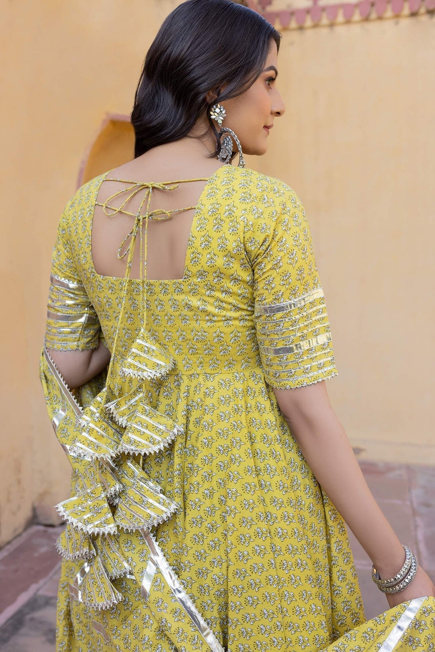Yellow Cotton Gota Patti, Embroidery V-neck Floral Print Anarkali Set - Designer Kurta Set