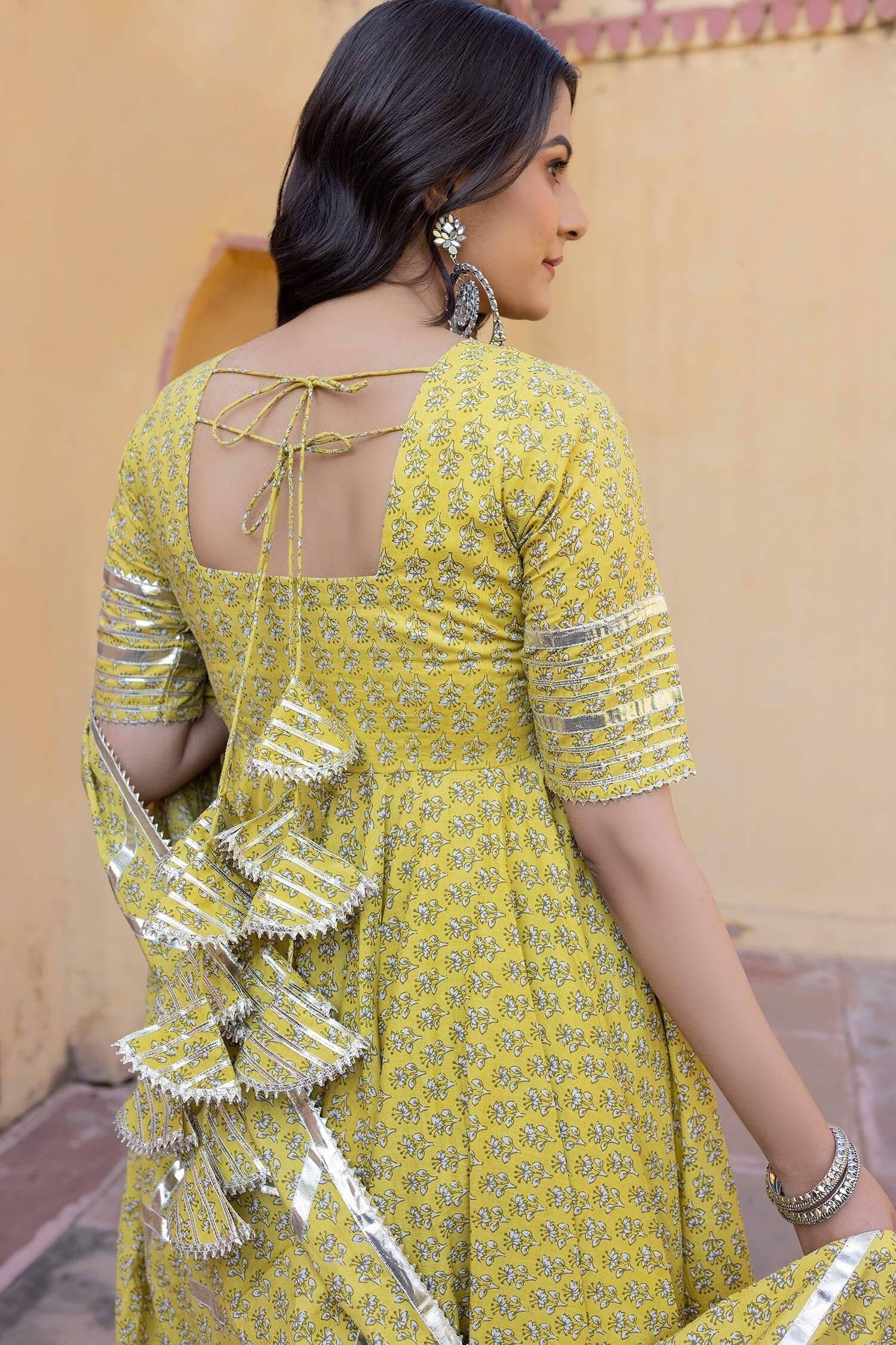 Yellow Cotton Gota Patti, Embroidery V-neck Floral Print Anarkali Set - Designer Kurta Set