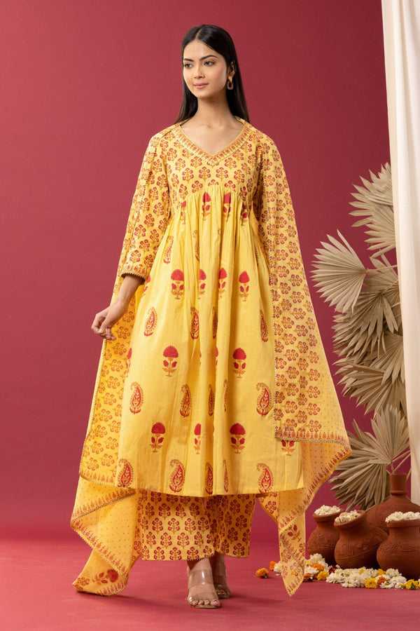 Yellow Cotton Lace, Smocking Floral And Paisley Block Print Anarkali Palazzo Set - Designer Kurta Set