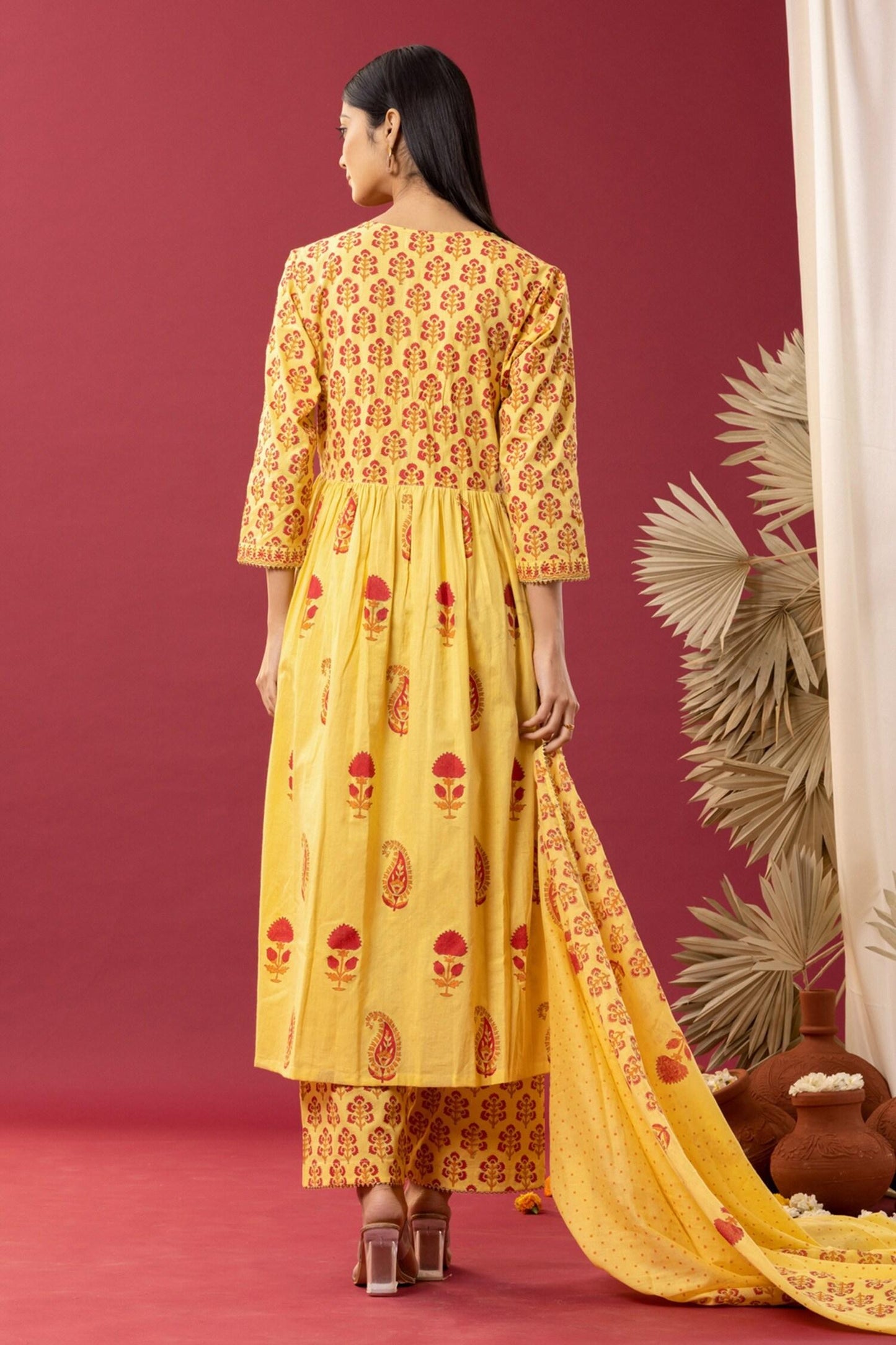 Yellow Cotton Lace, Smocking Floral And Paisley Block Print Anarkali Palazzo Set - Designer Kurta Set