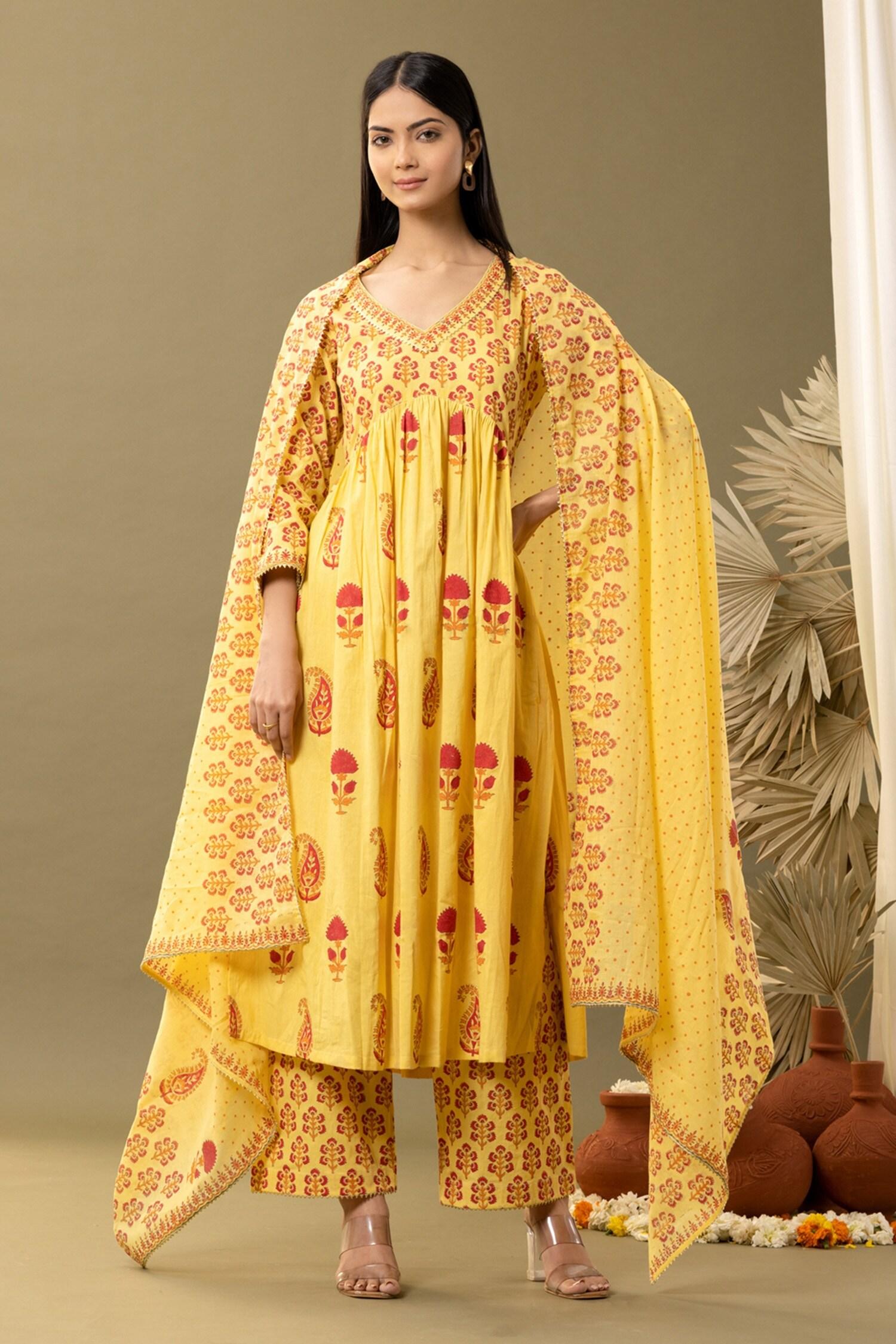 Yellow Cotton Lace, Smocking Floral And Paisley Block Print Anarkali Palazzo Set - Designer Kurta Set