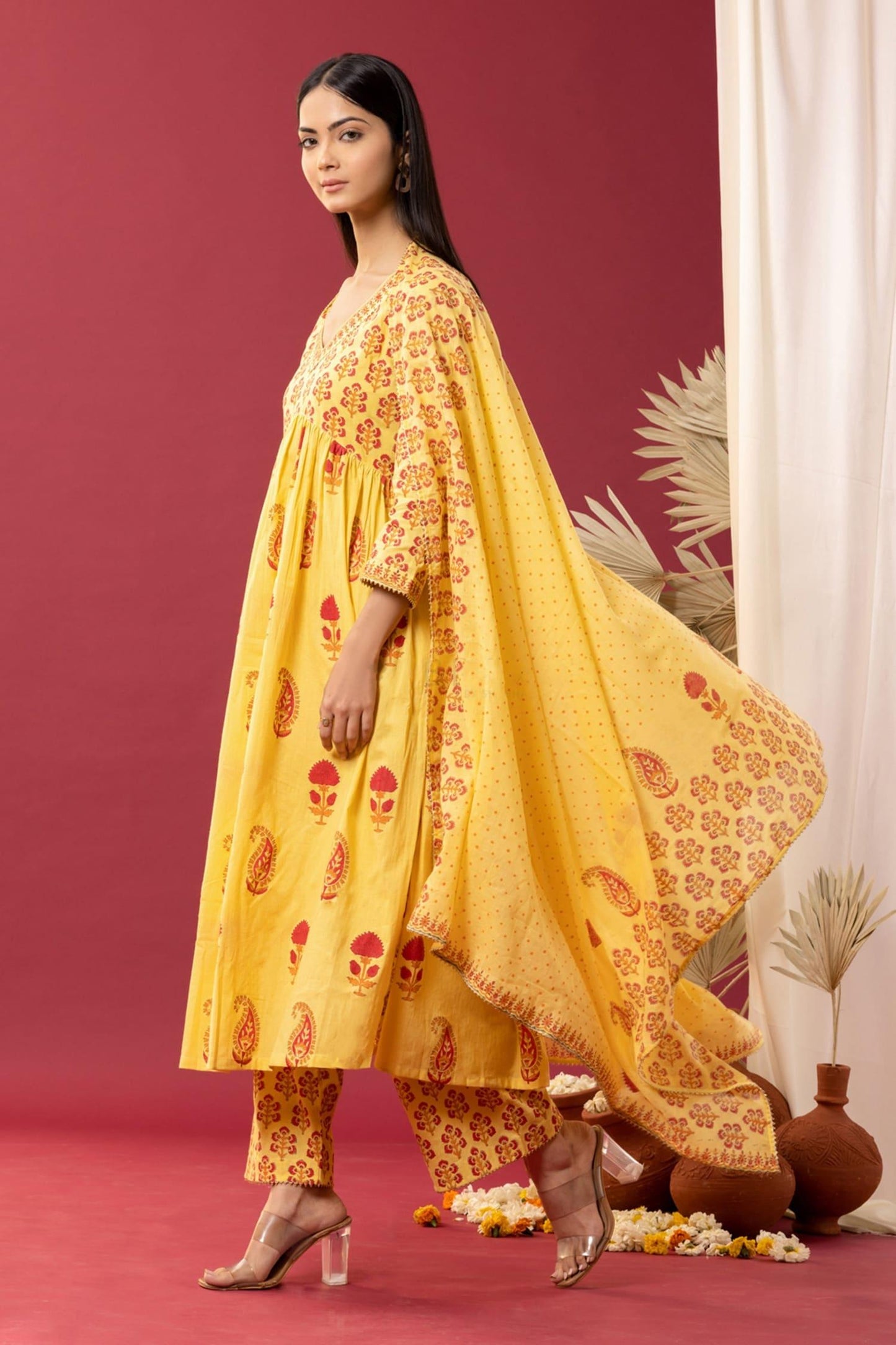 Yellow Cotton Lace, Smocking Floral And Paisley Block Print Anarkali Palazzo Set - Designer Kurta Set