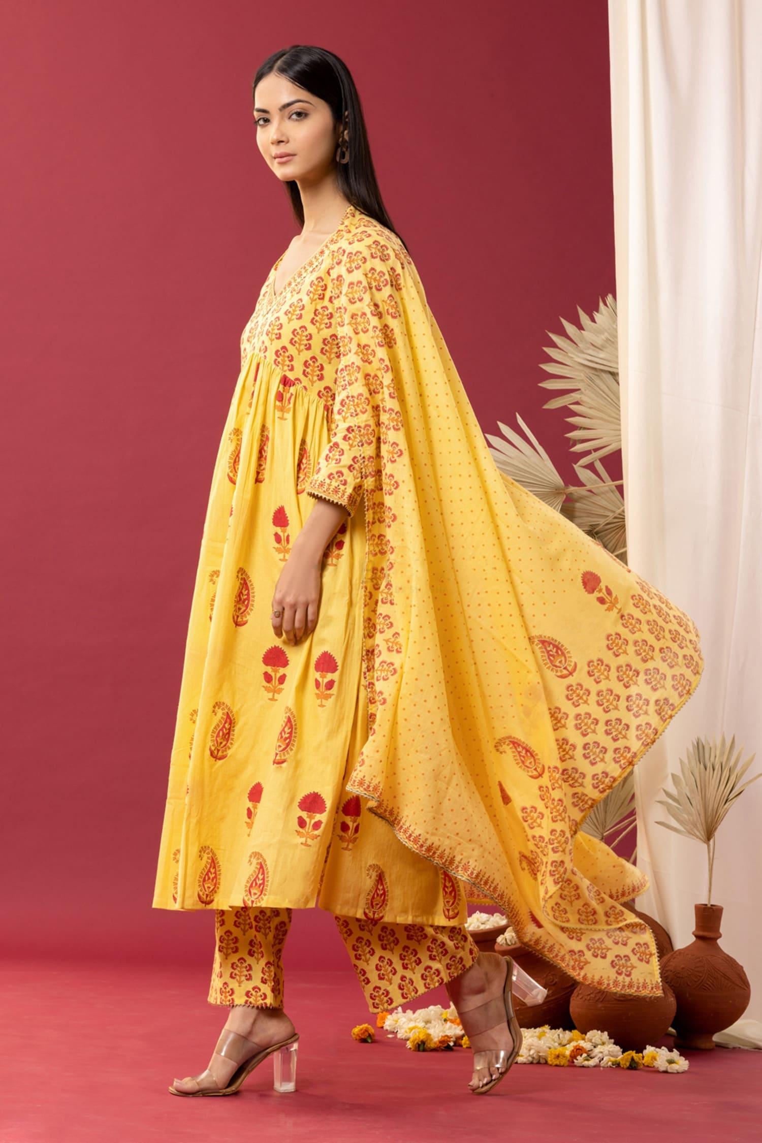 Yellow Cotton Lace, Smocking Floral And Paisley Block Print Anarkali Palazzo Set - Designer Kurta Set