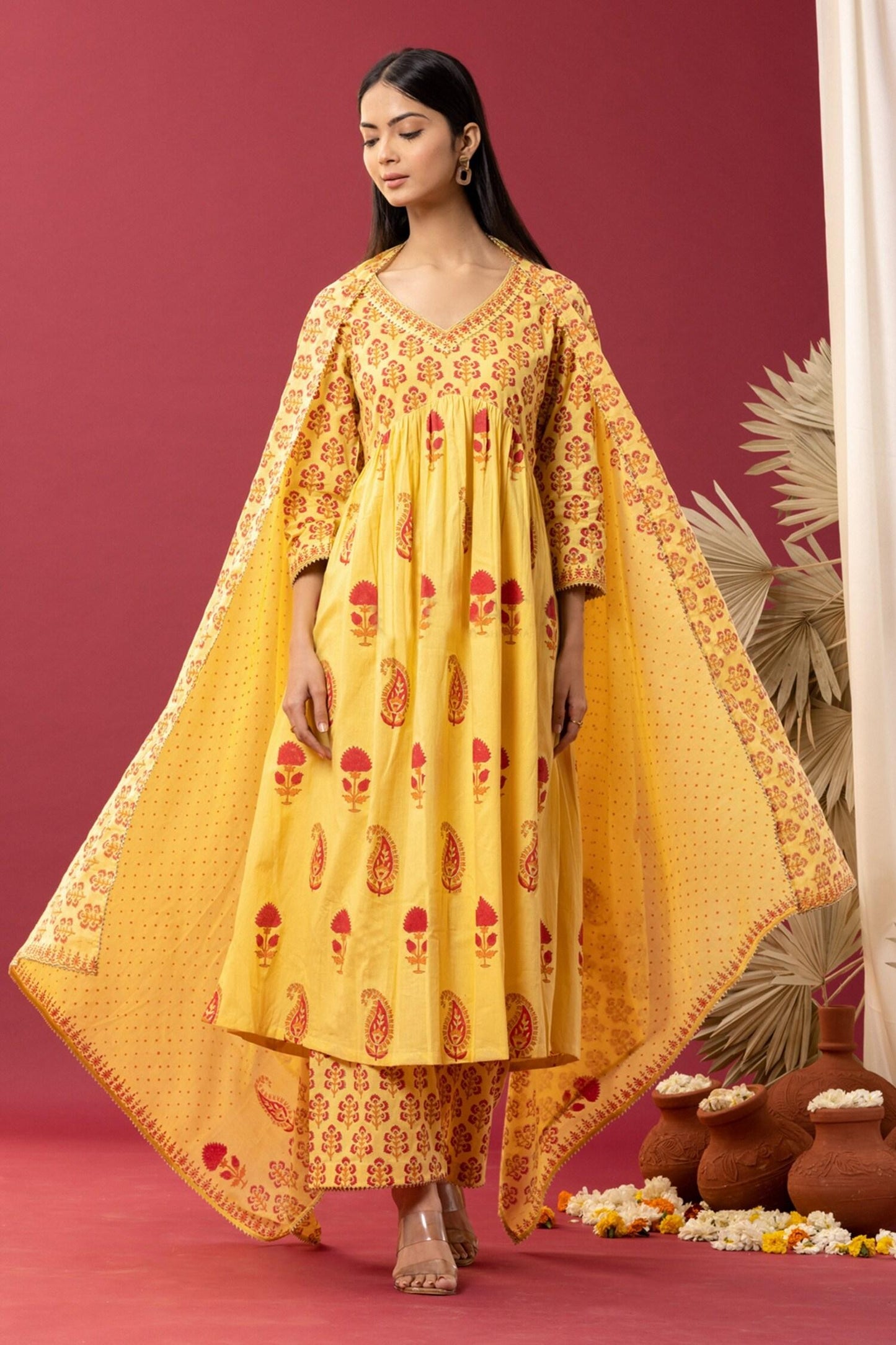 Yellow Cotton Lace, Smocking Floral And Paisley Block Print Anarkali Palazzo Set - Designer Kurta Set