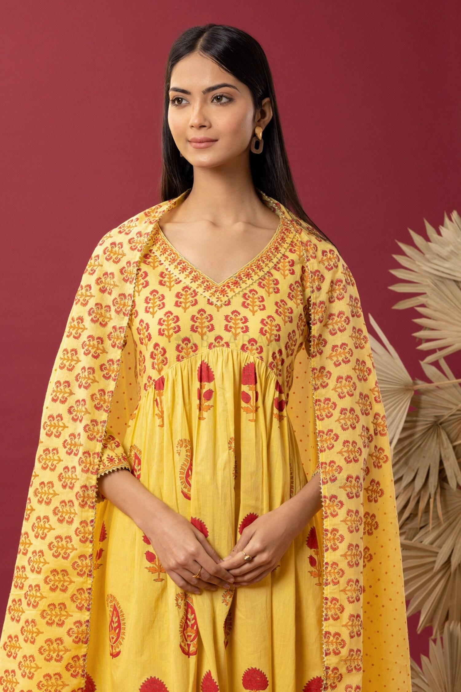 Yellow Cotton Lace, Smocking Floral And Paisley Block Print Anarkali Palazzo Set - Designer Kurta Set