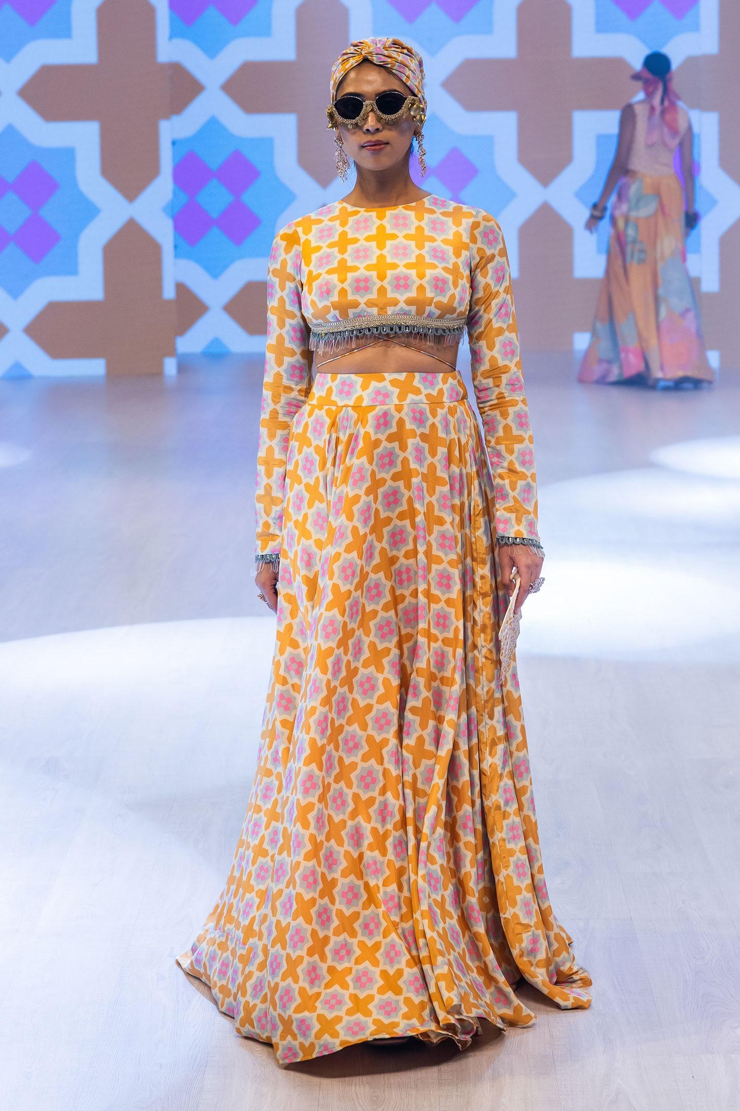 Yellow Crepe Beads Round Neck Sunset Lehenga Set - Designer Kurta Set