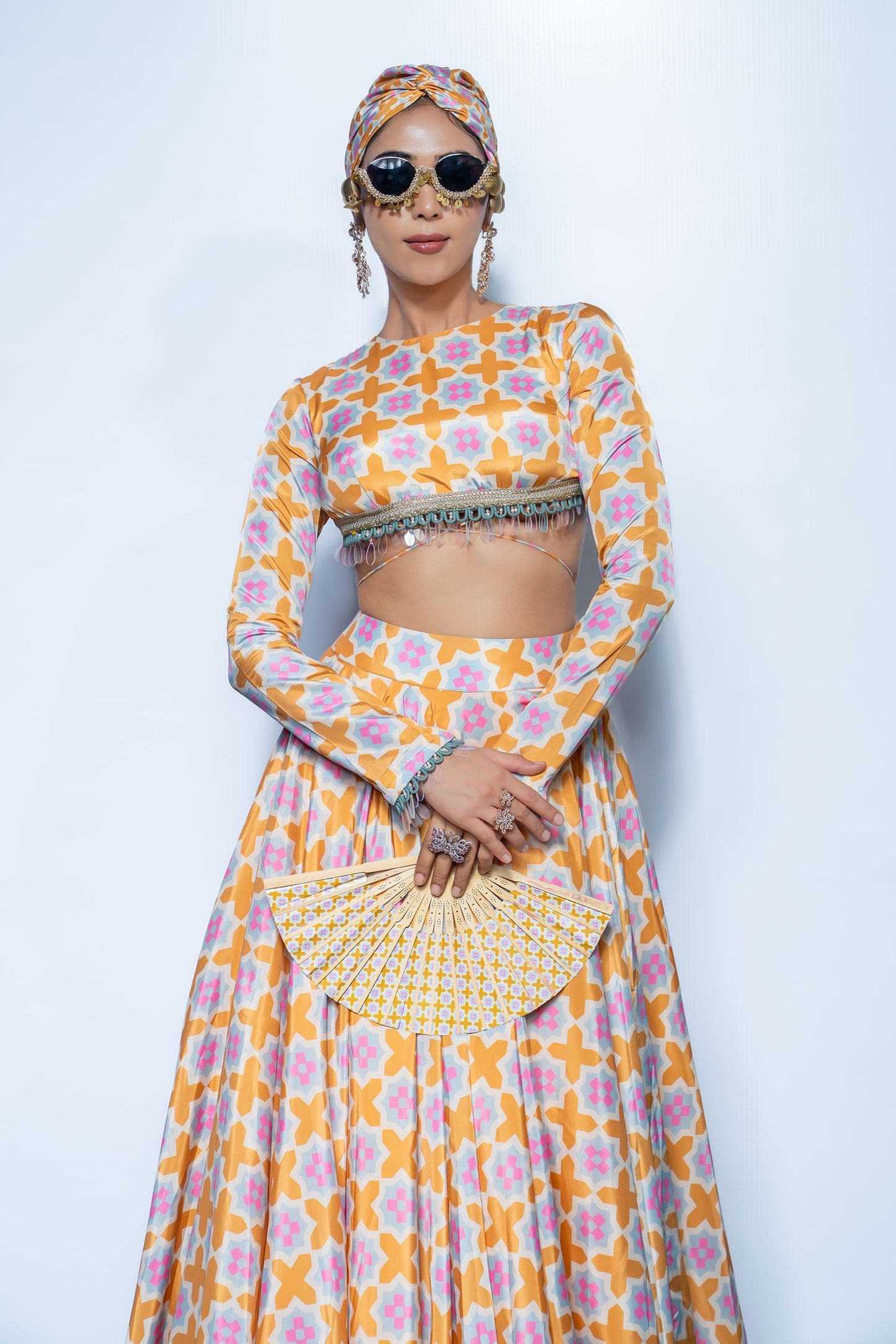 Yellow Crepe Beads Round Neck Sunset Lehenga Set - Designer Kurta Set