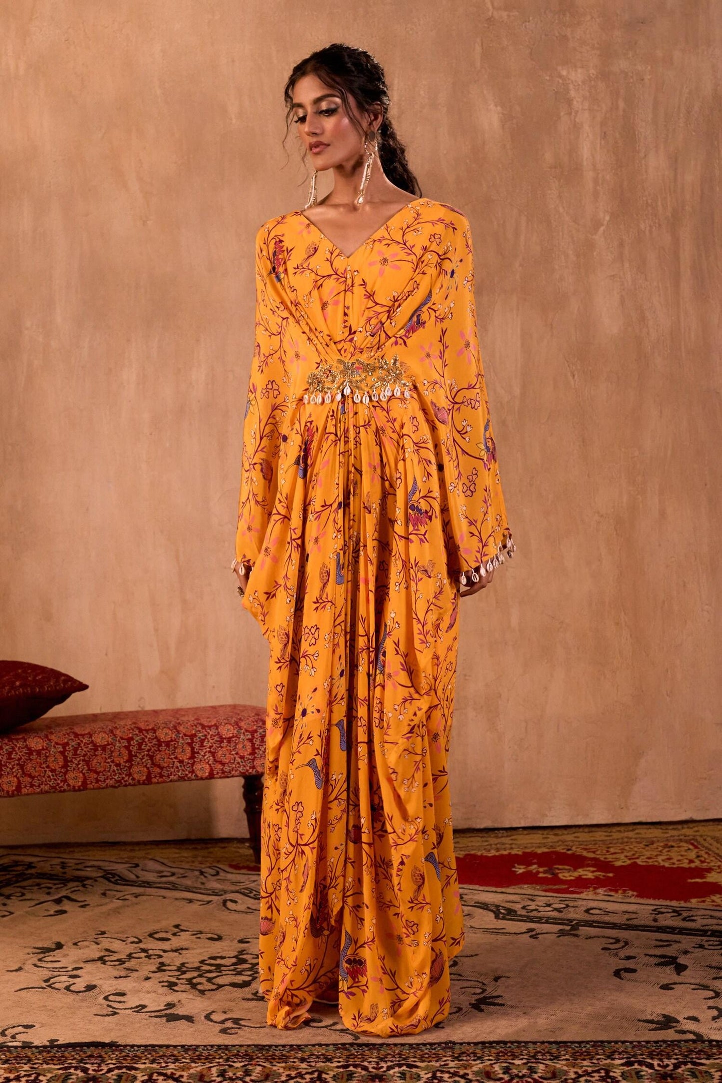Yellow Crepe V-neck Floral Print Draped Kaftan - Designer Kurta Set