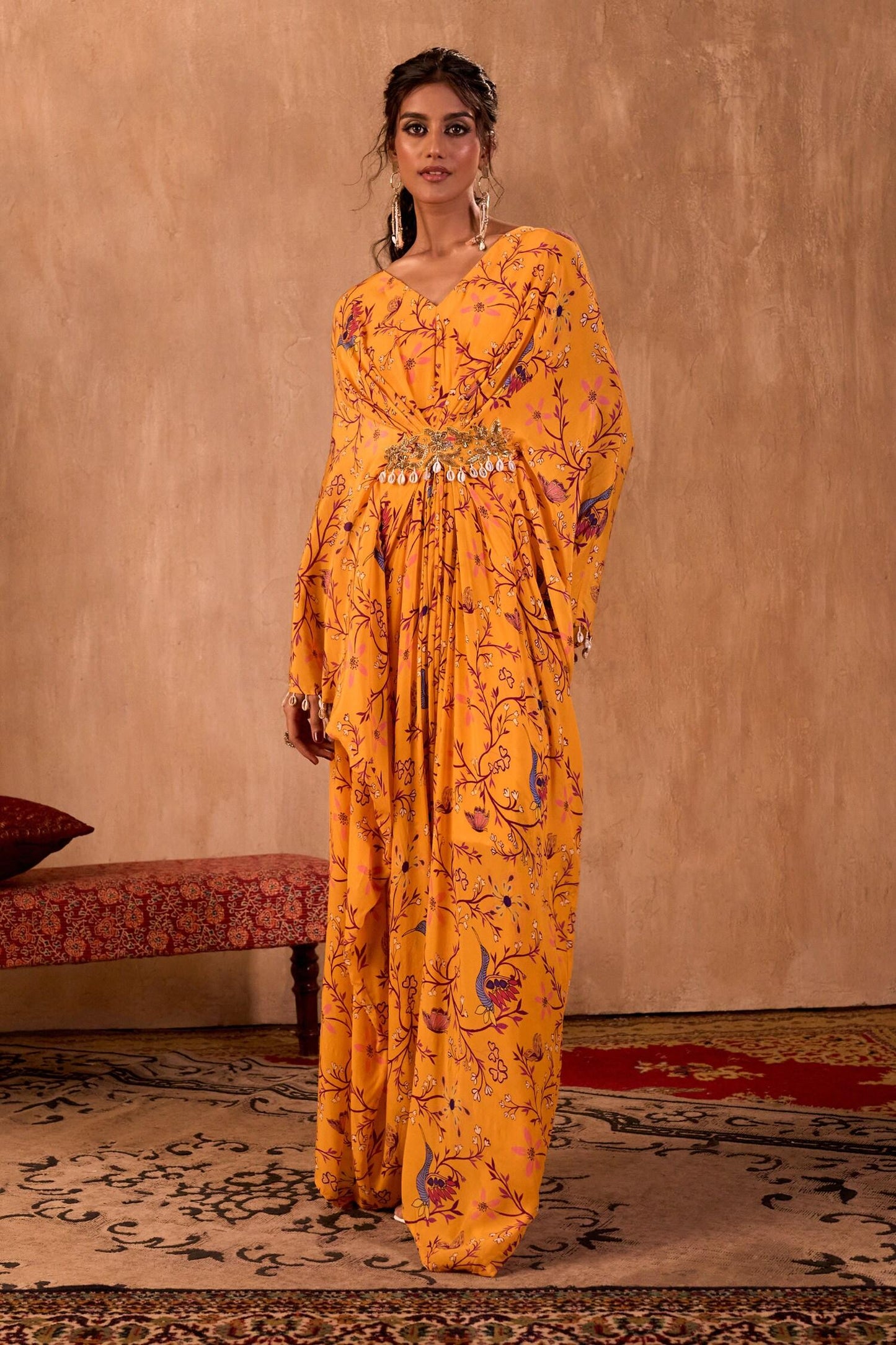 Yellow Crepe V-neck Floral Print Draped Kaftan - Designer Kurta Set