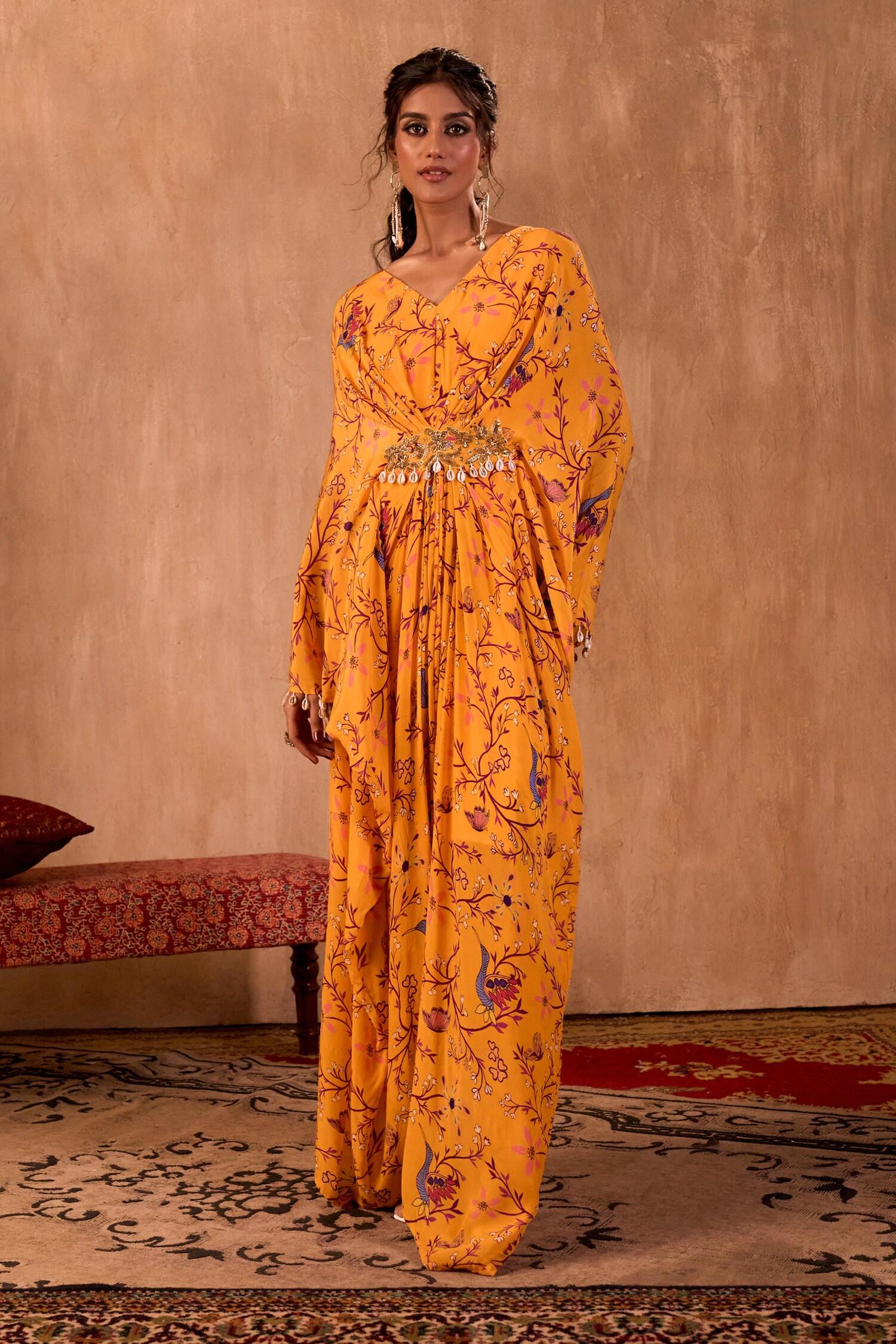 Yellow Crepe V-neck Floral Print Draped Kaftan - Designer Kurta Set