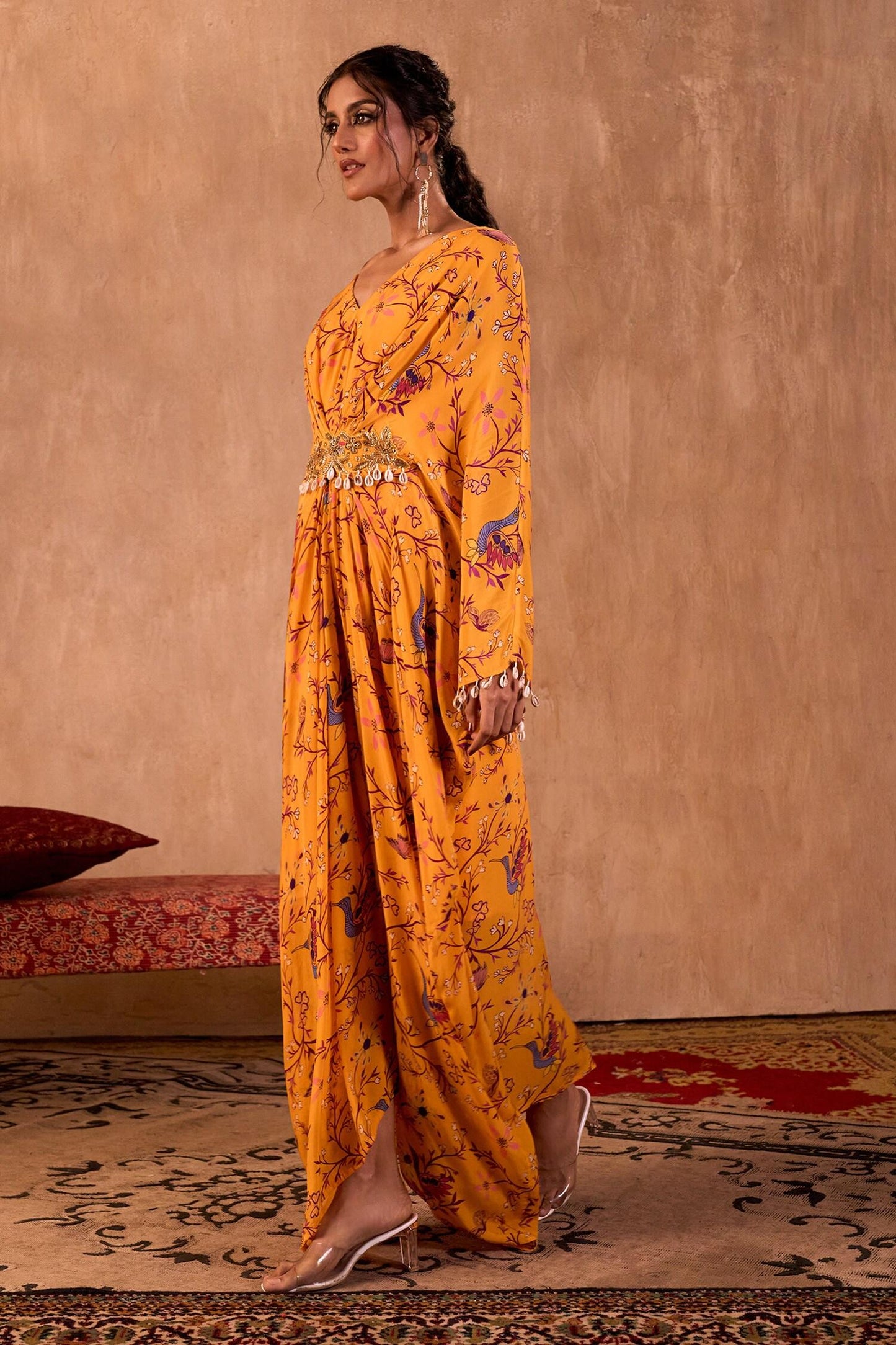 Yellow Crepe V-neck Floral Print Draped Kaftan - Designer Kurta Set