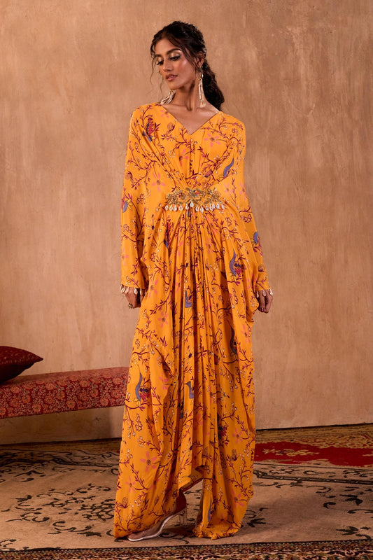 Yellow Crepe V-neck Floral Print Draped Kaftan - Designer Kurta Set