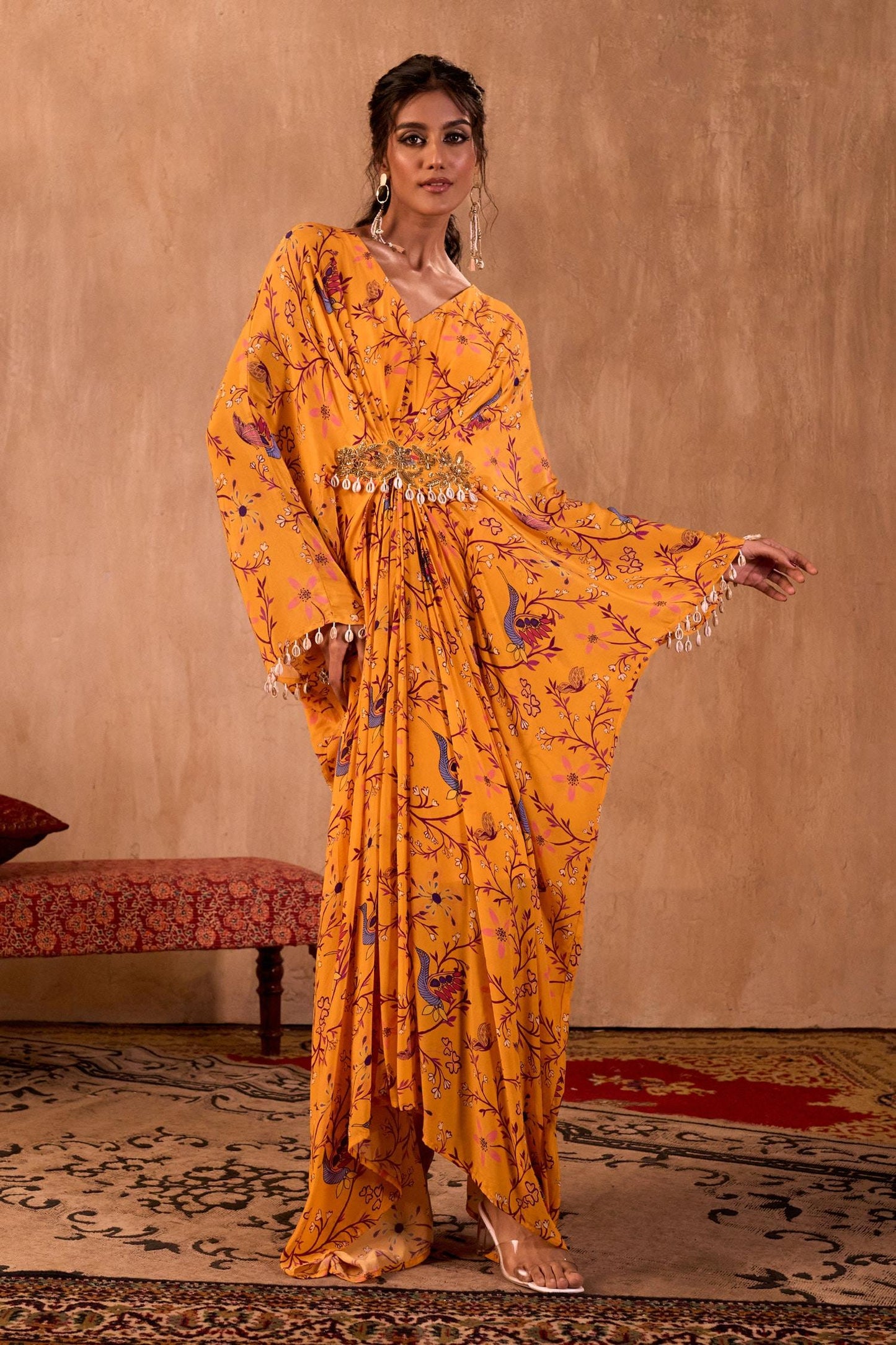 Yellow Crepe V-neck Floral Print Draped Kaftan - Designer Kurta Set