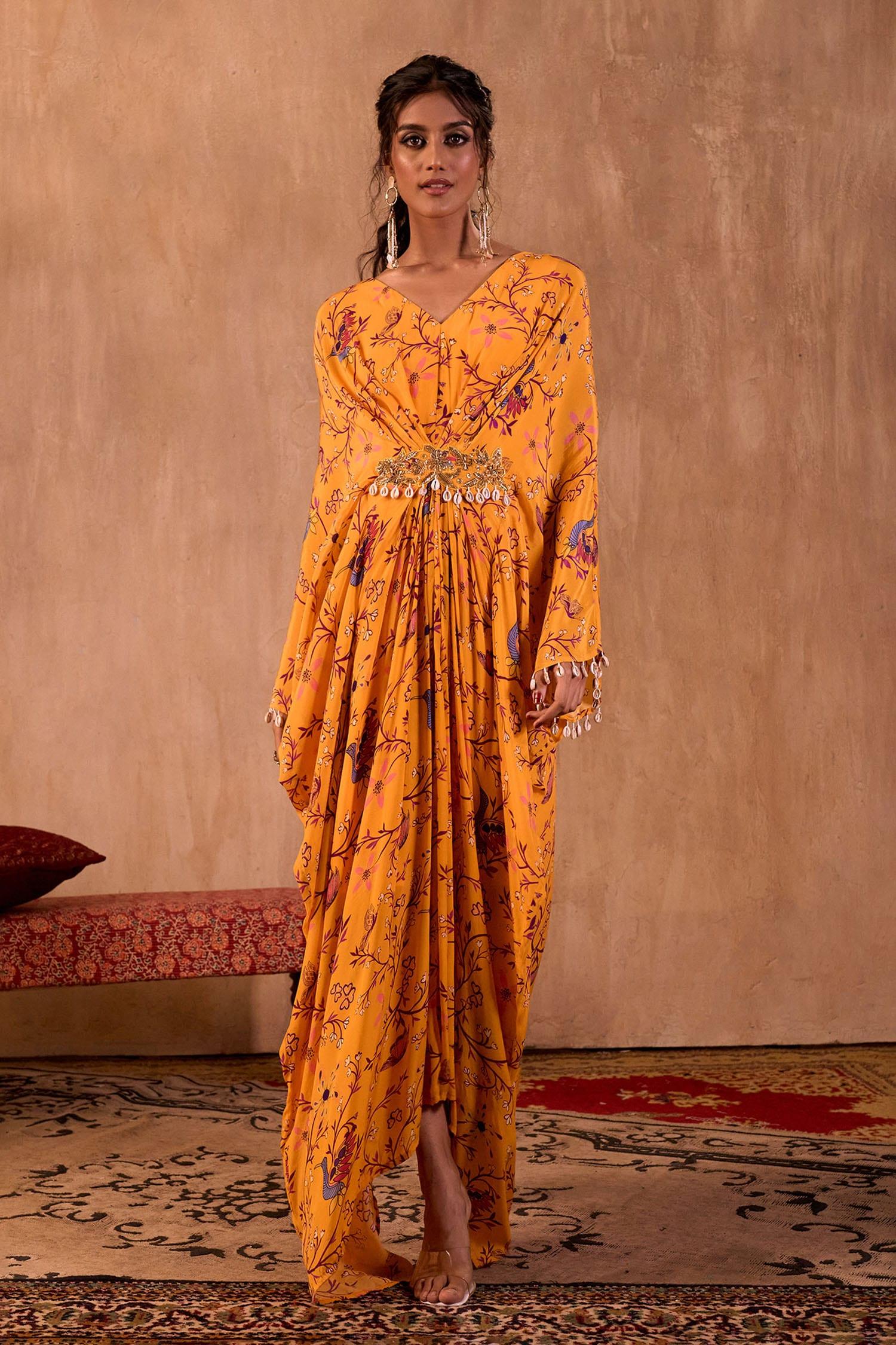 Yellow Crepe V-neck Floral Print Draped Kaftan - Designer Kurta Set