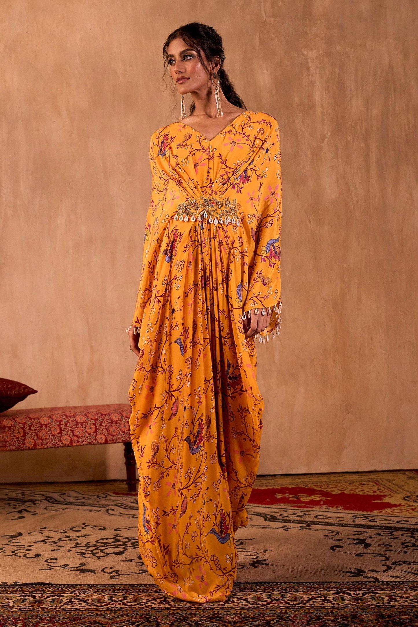 Yellow Crepe V-neck Floral Print Draped Kaftan - Designer Kurta Set