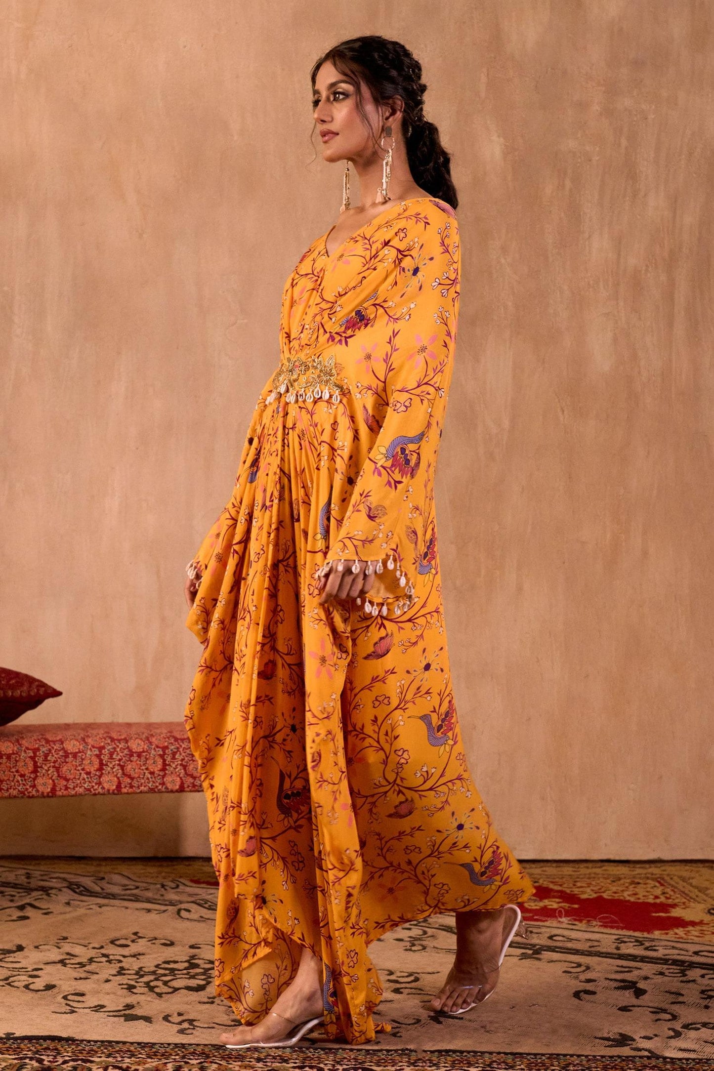 Yellow Crepe V-neck Floral Print Draped Kaftan - Designer Kurta Set