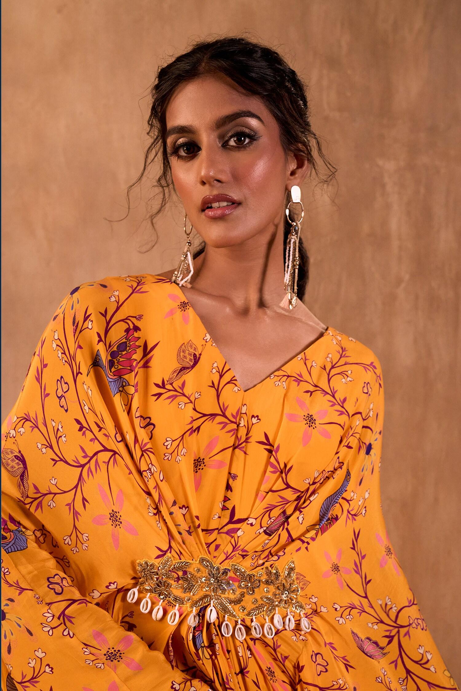 Yellow Crepe V-neck Floral Print Draped Kaftan - Designer Kurta Set