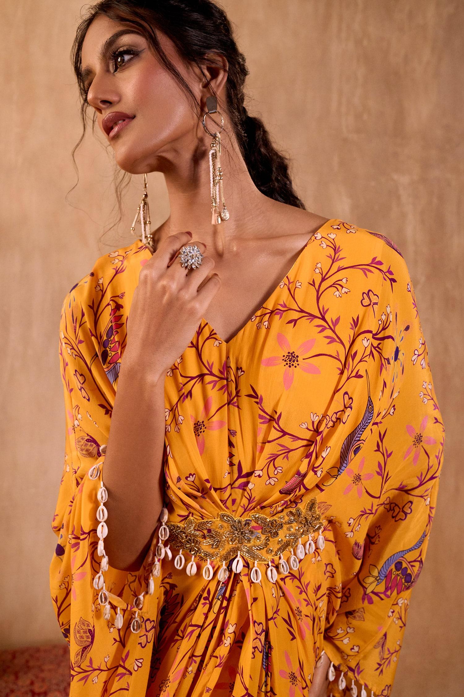 Yellow Crepe V-neck Floral Print Draped Kaftan - Designer Kurta Set