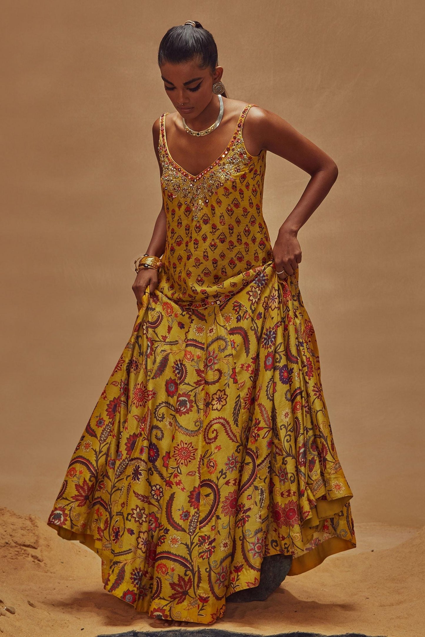 Yellow Dupion Silk Anchor Threads, Dori Work, Floral Print, Kurta And Lehenga Set - Designer Kurta Set