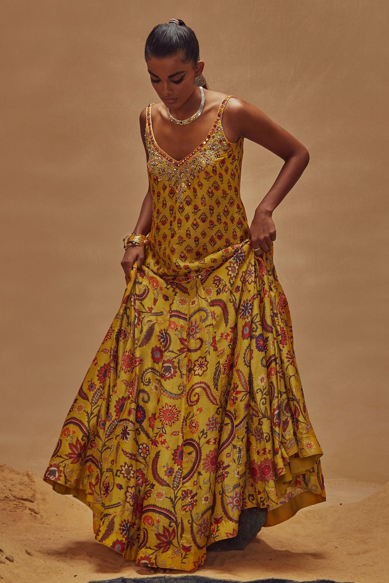 Yellow Dupion Silk Anchor Threads, Dori Work, Floral Print, Kurta And Lehenga Set - Designer Kurta Set
