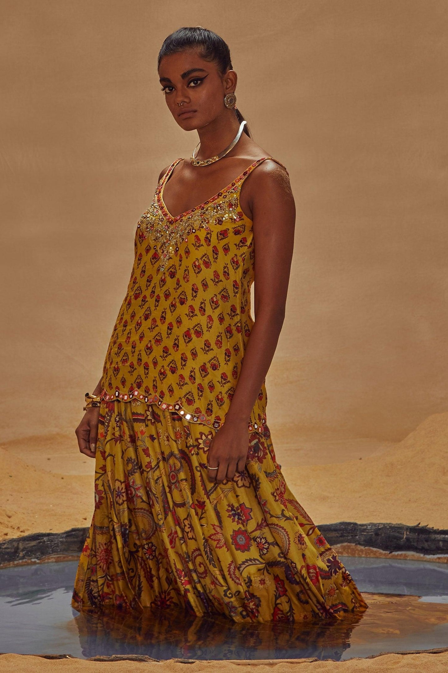 Yellow Dupion Silk Anchor Threads, Dori Work, Floral Print, Kurta And Lehenga Set - Designer Kurta Set