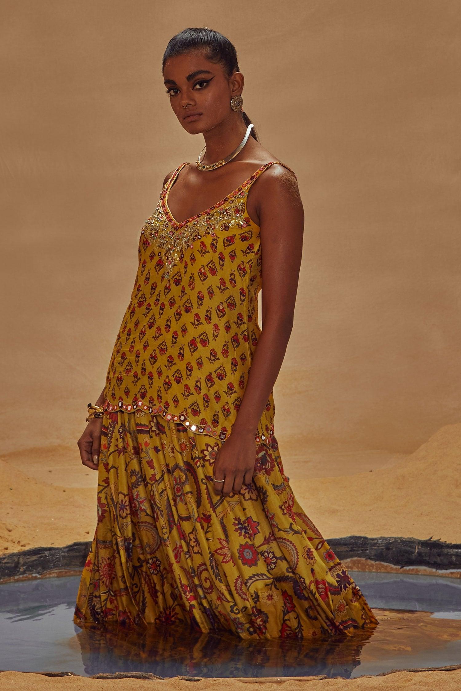Yellow Dupion Silk Anchor Threads, Dori Work, Floral Print, Kurta And Lehenga Set - Designer Kurta Set