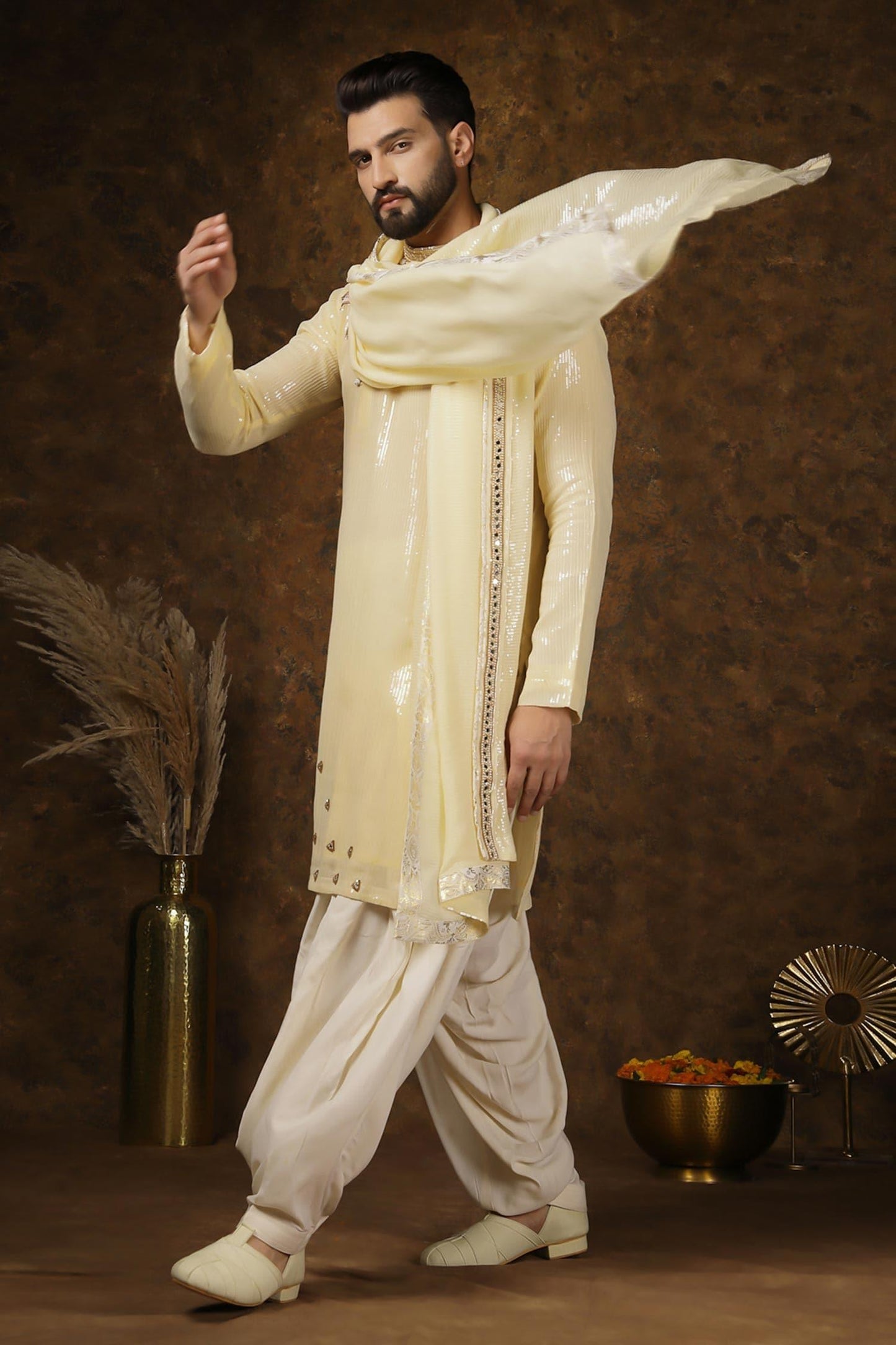 Kurta Set Yellow Georgette Sequins Mirrors Embellished